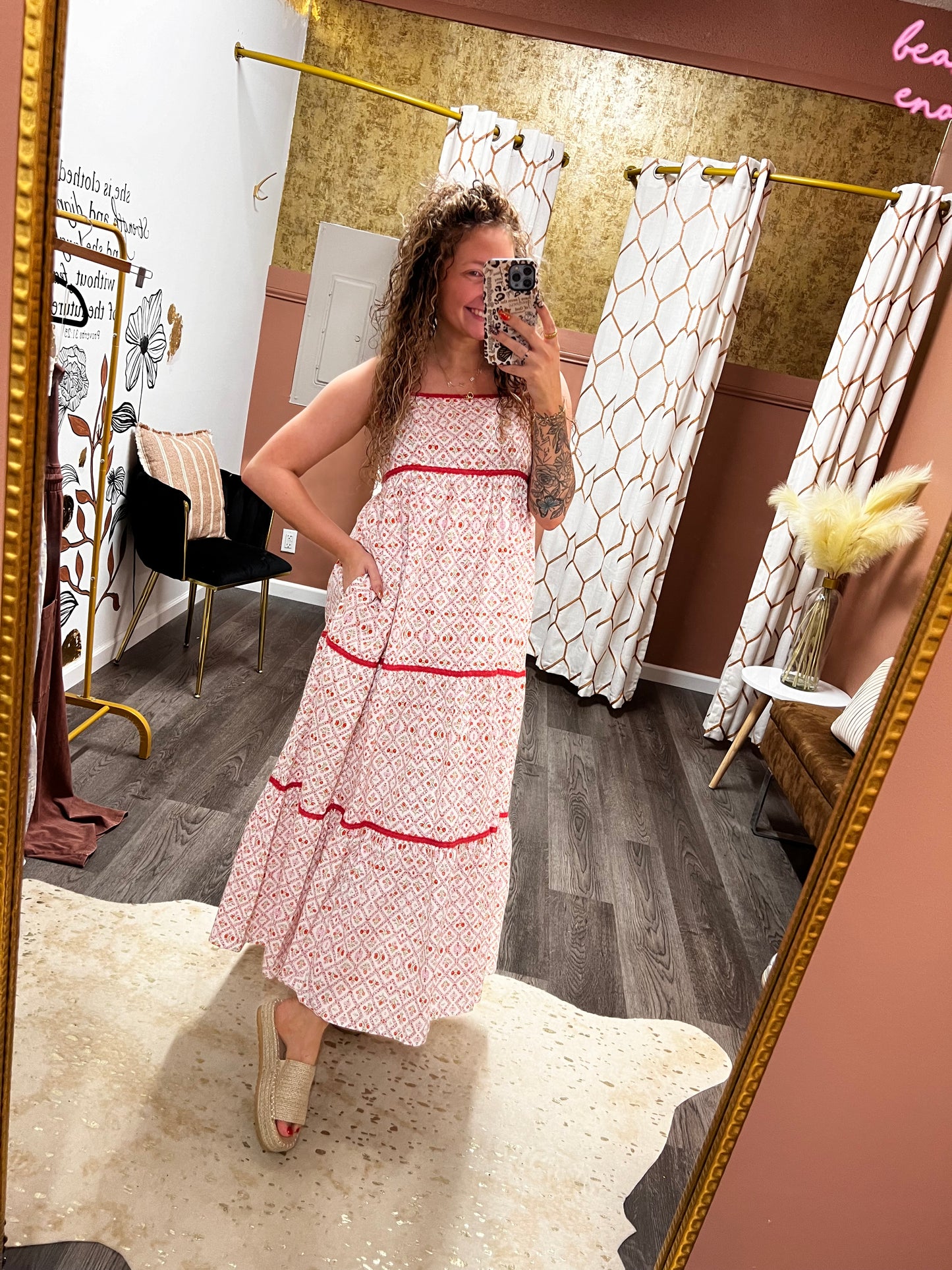 coral red floral dress