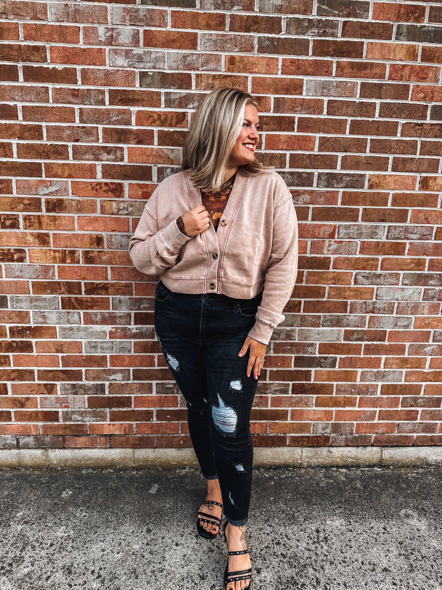 cropped taupe sweatshirt cardigan