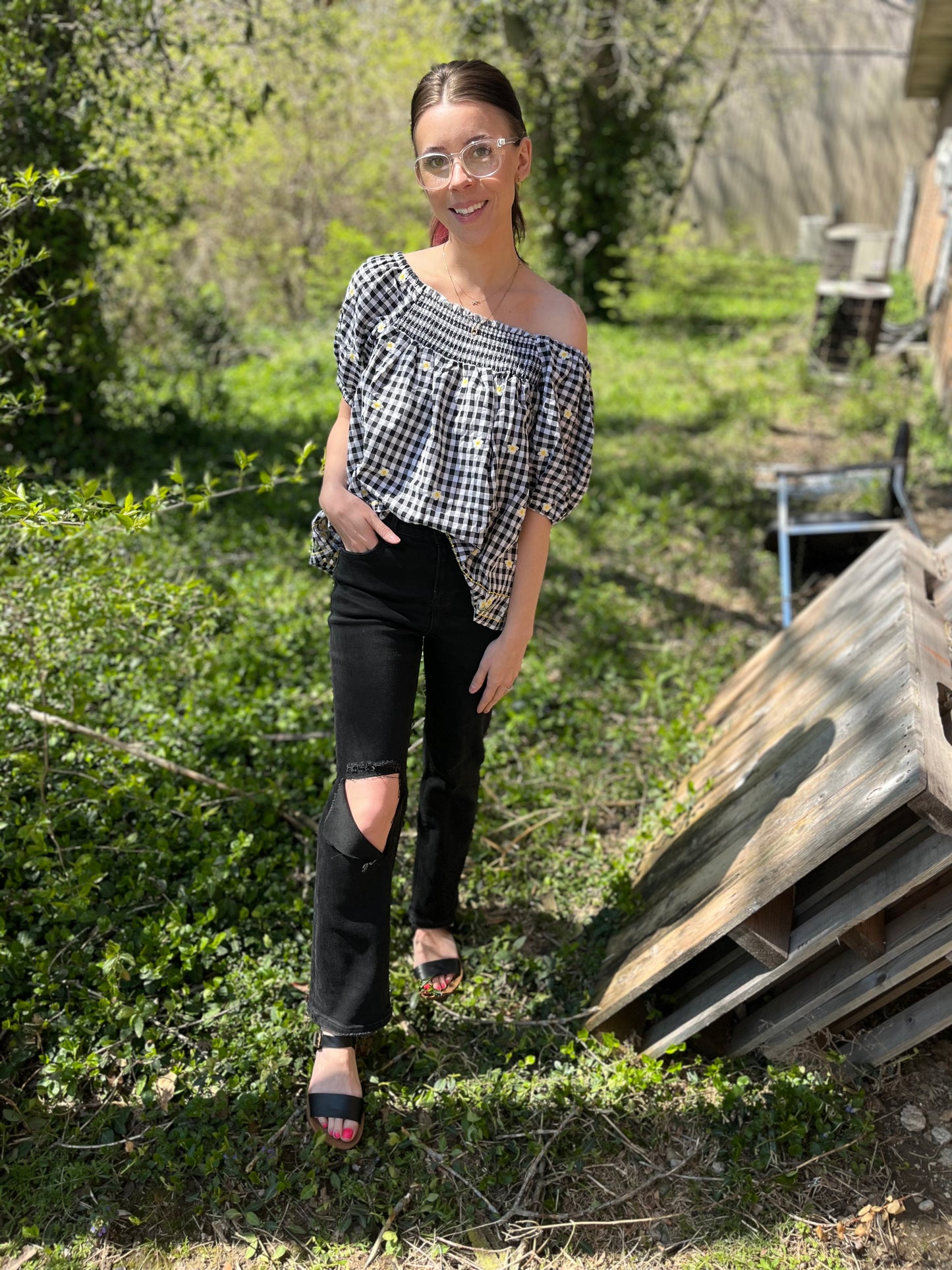 daisy plaid embroidered top