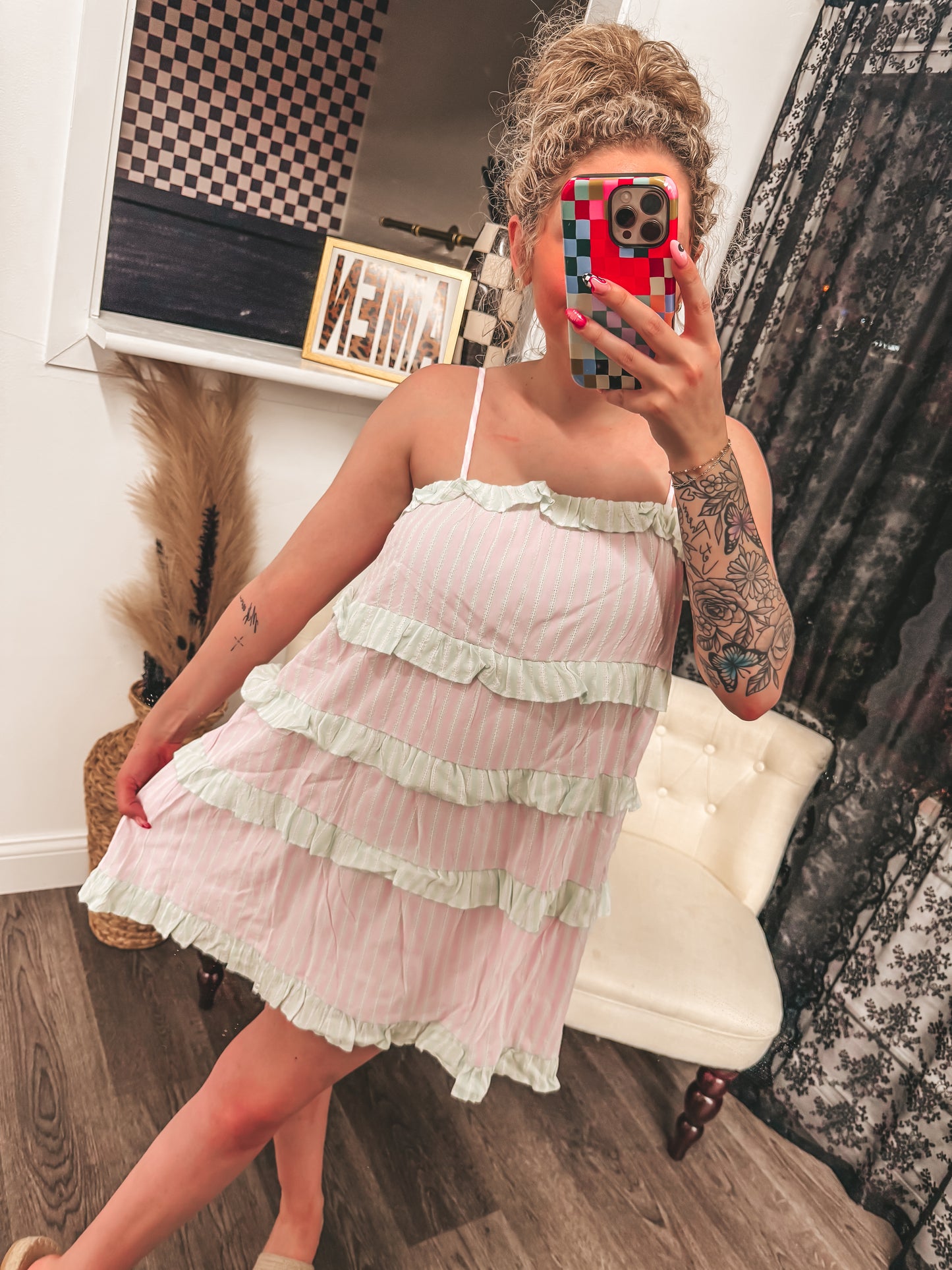 spring pink and green ruffle mini dress