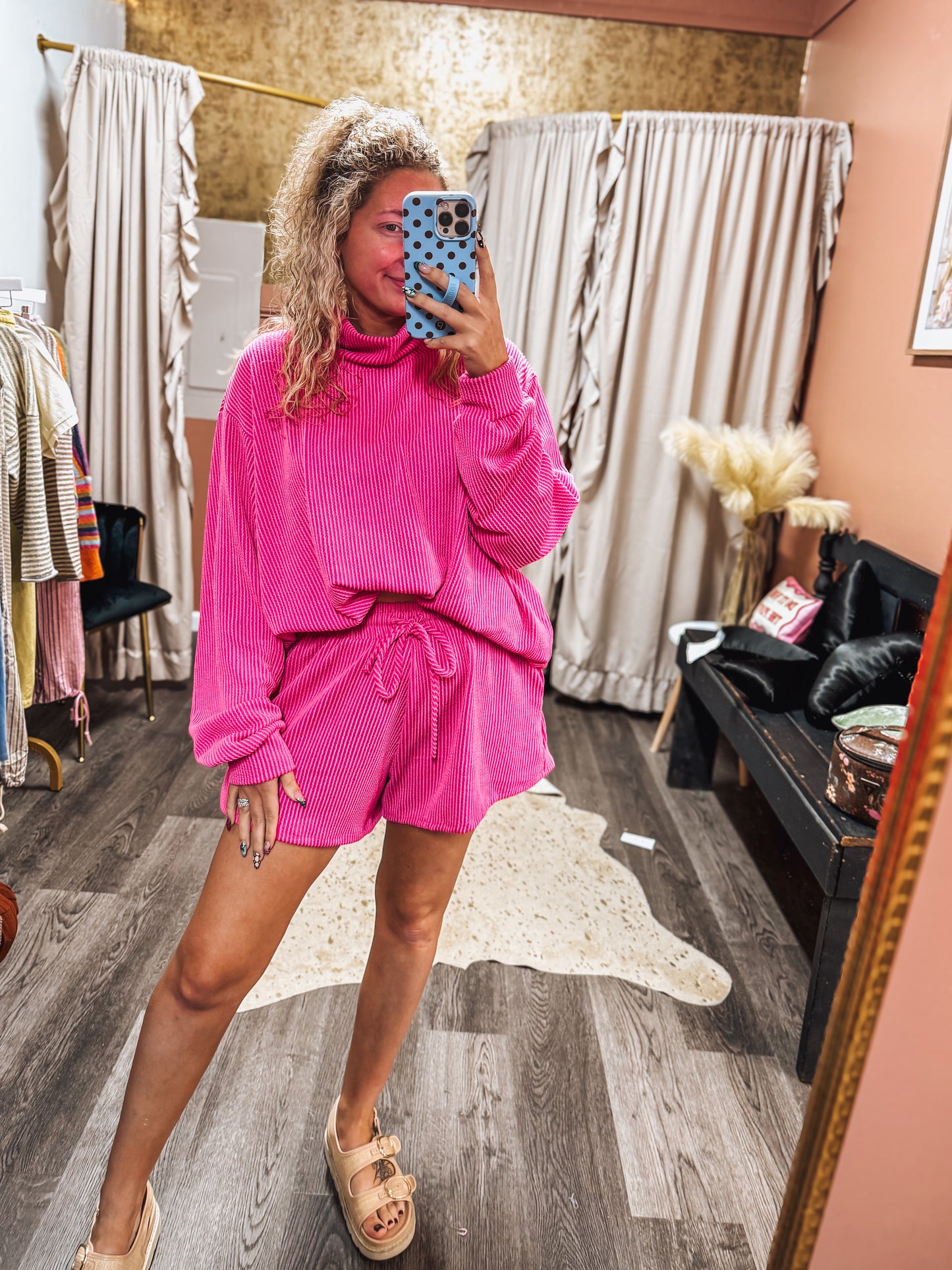 Pink ribbed mockneck short set