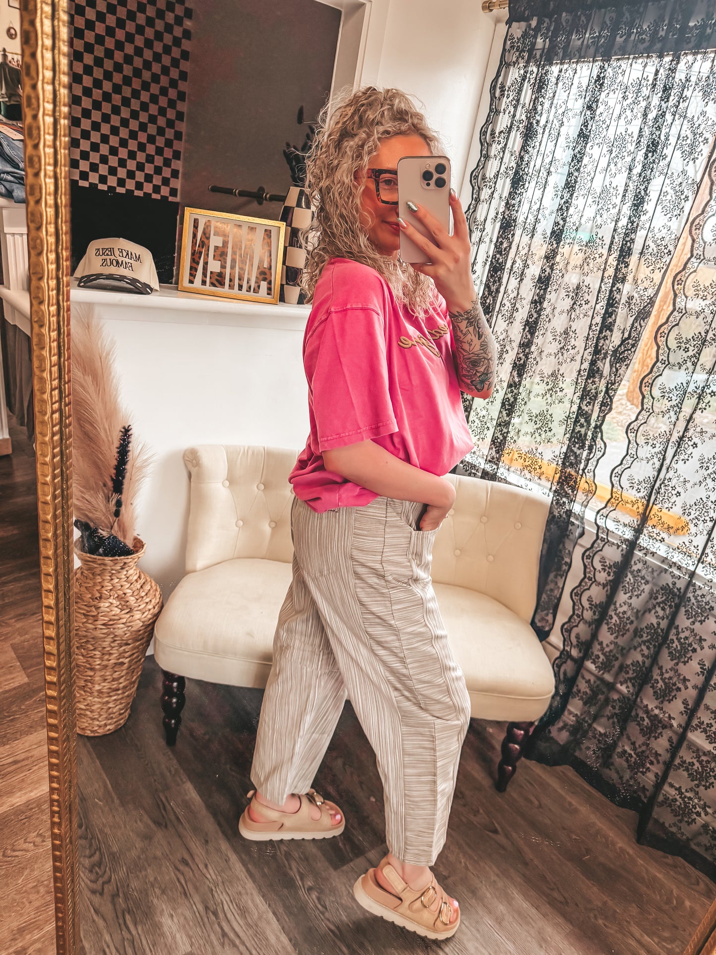 mushroom striped barrel twill pants
