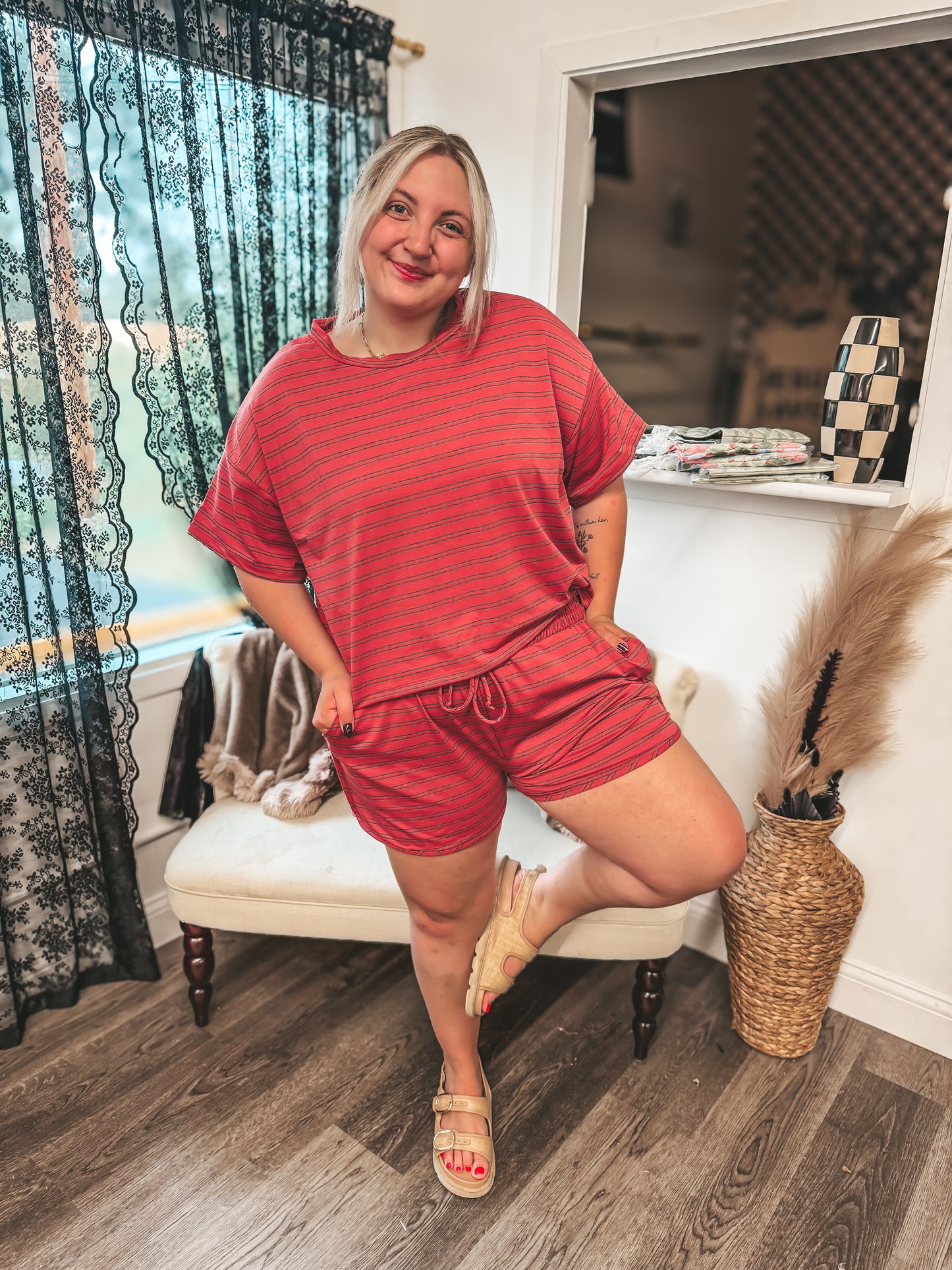 red stripe shorts set