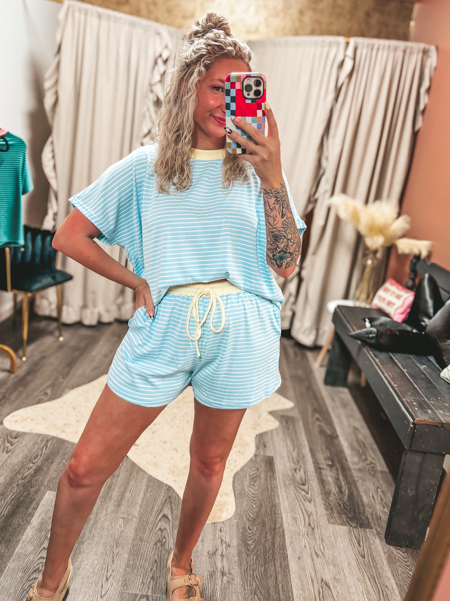 Striped short set in lemon & sky