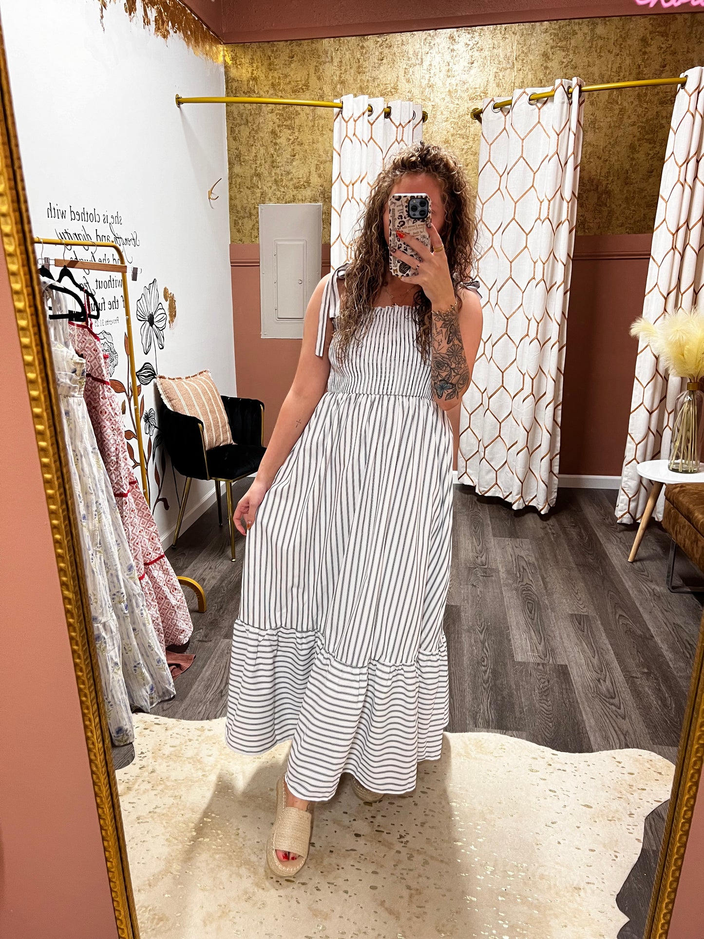 tie strap black striped dress