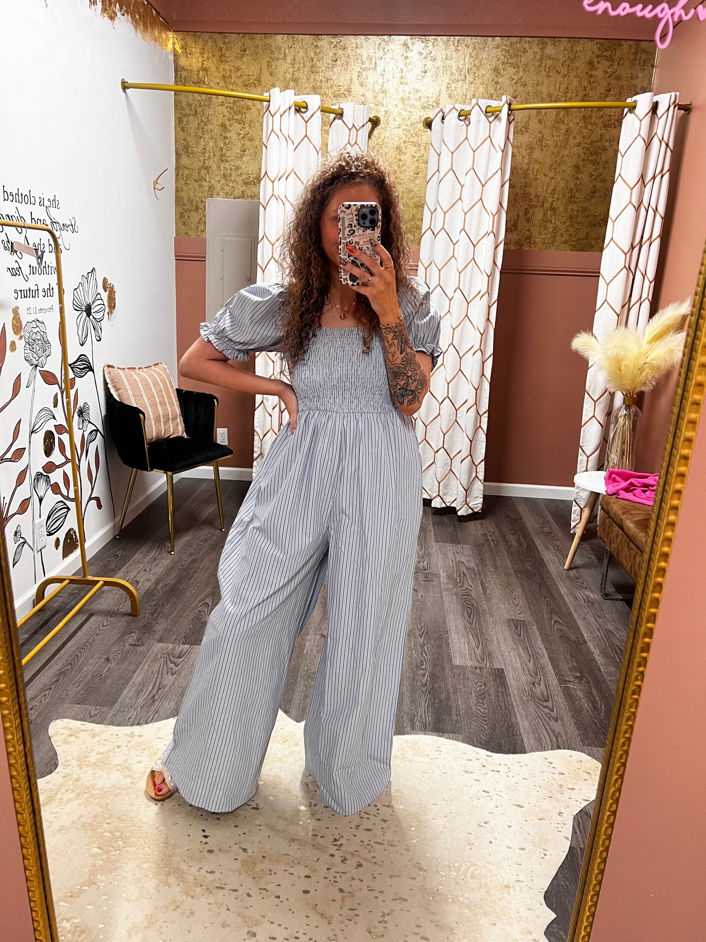 pinstriped grey blue puff sleeve jumpsuit