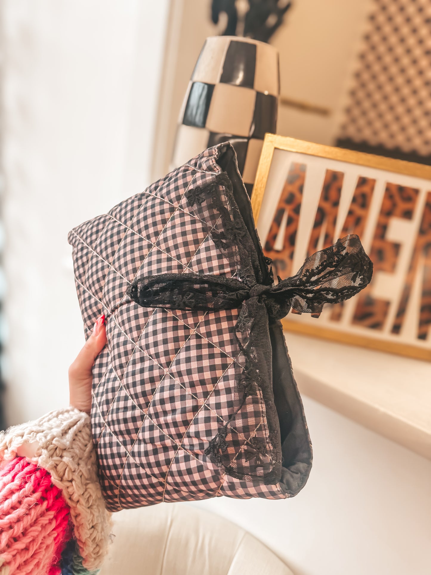 brown and black gingham bible sleeves with bow lace ties