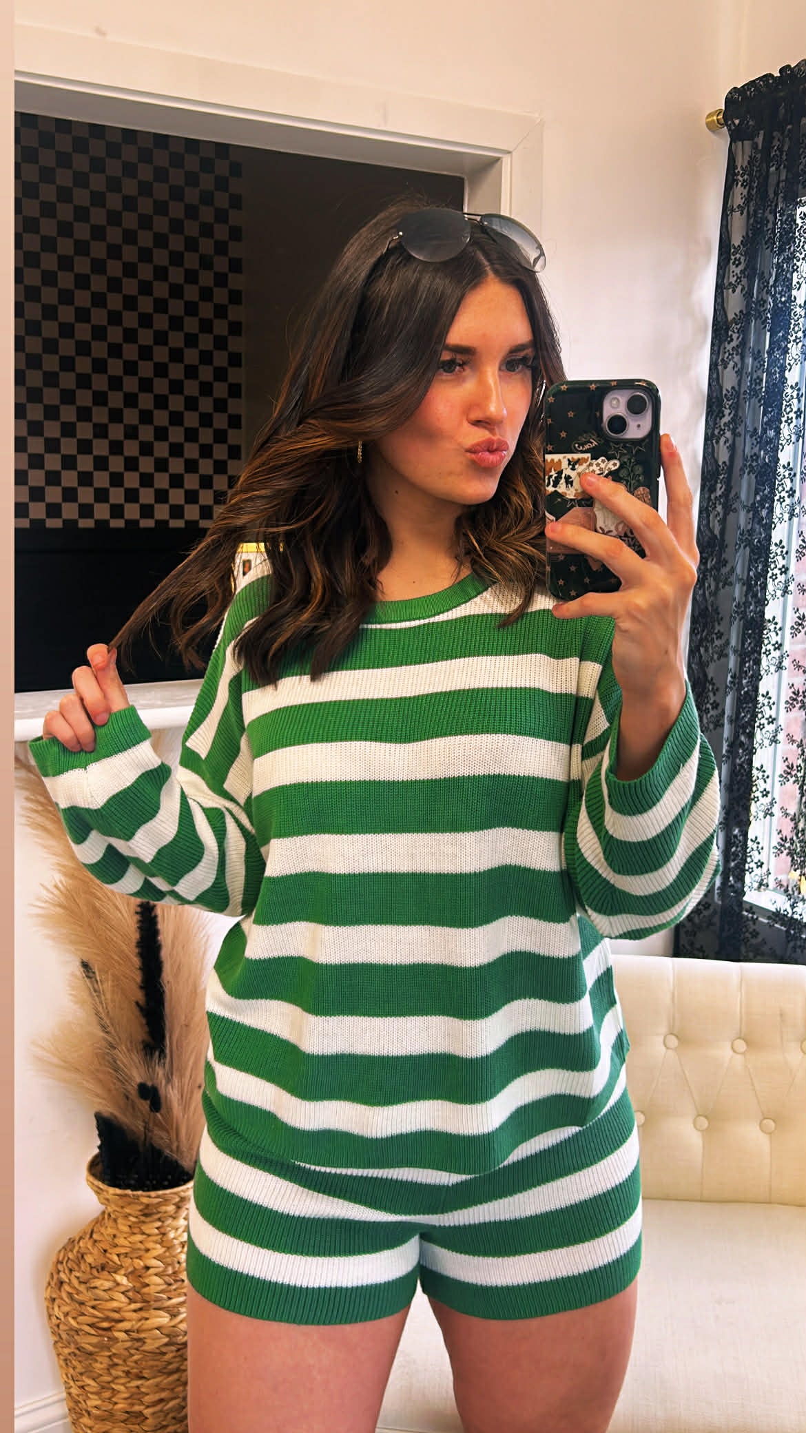 green and white knit shorts set