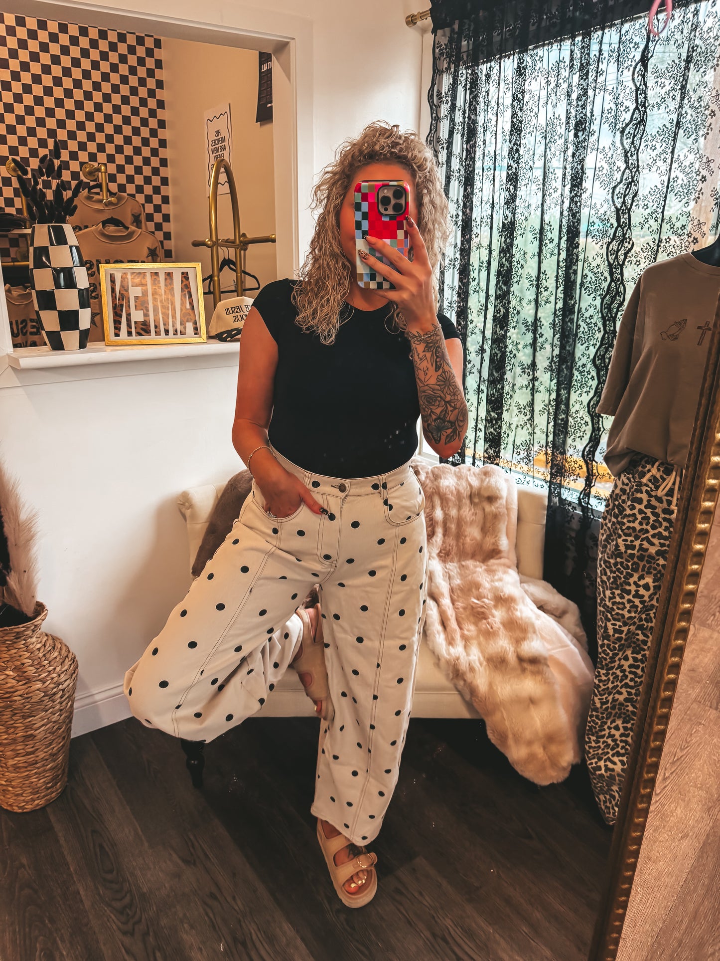 cream and black denim polka dot barrel pants