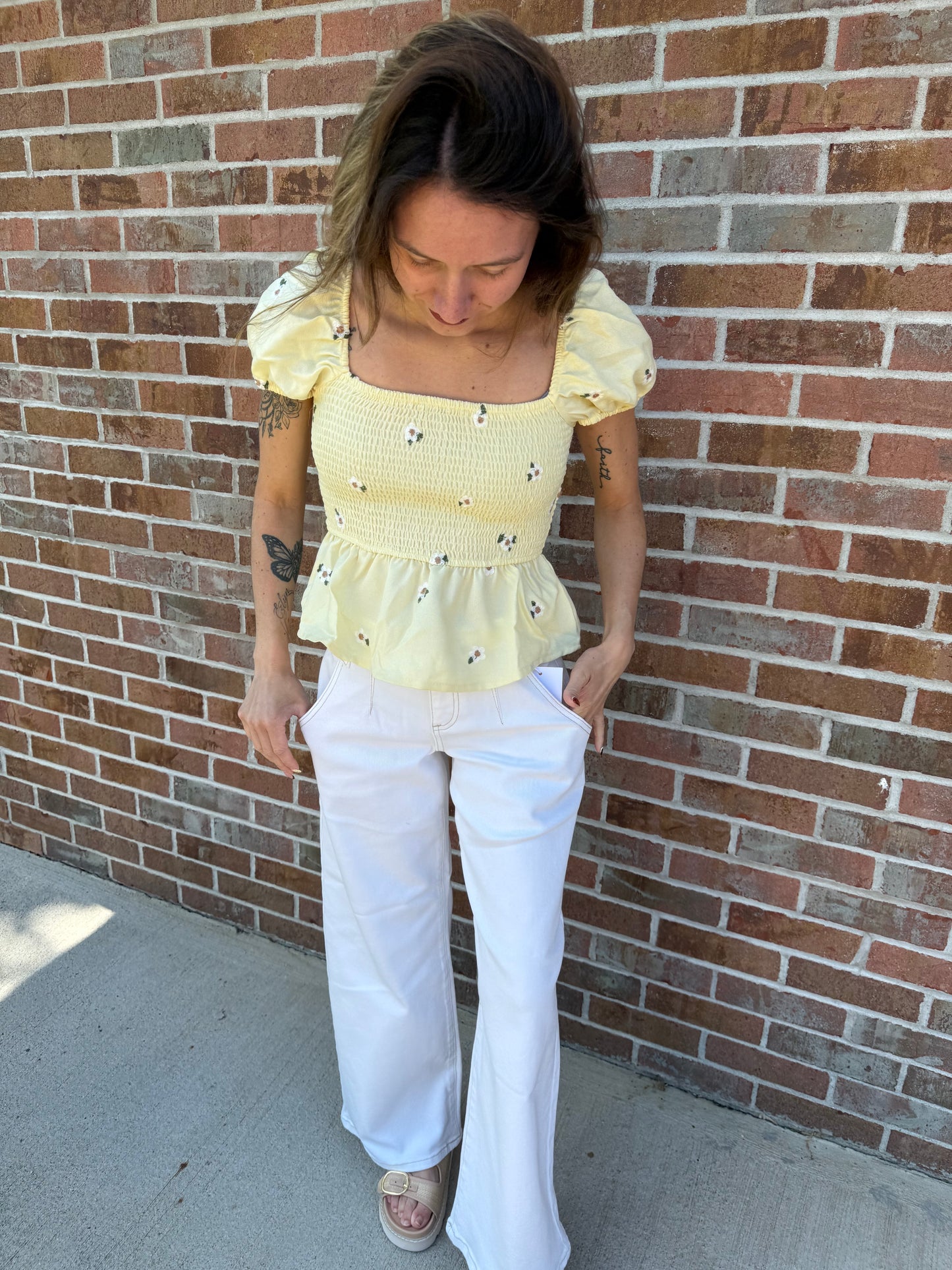 yellow floral embroidered smocked top