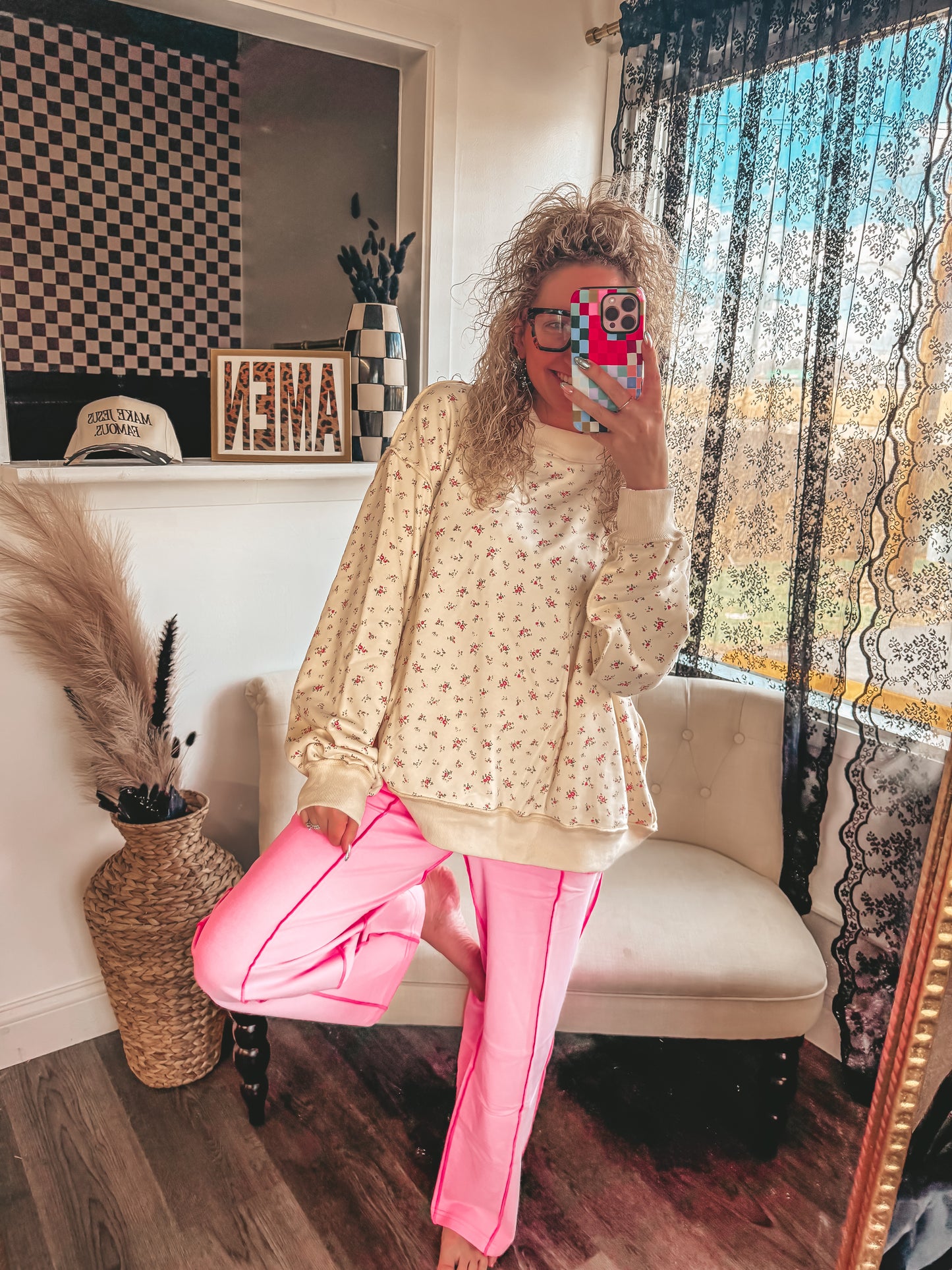 oversized floral mock neck