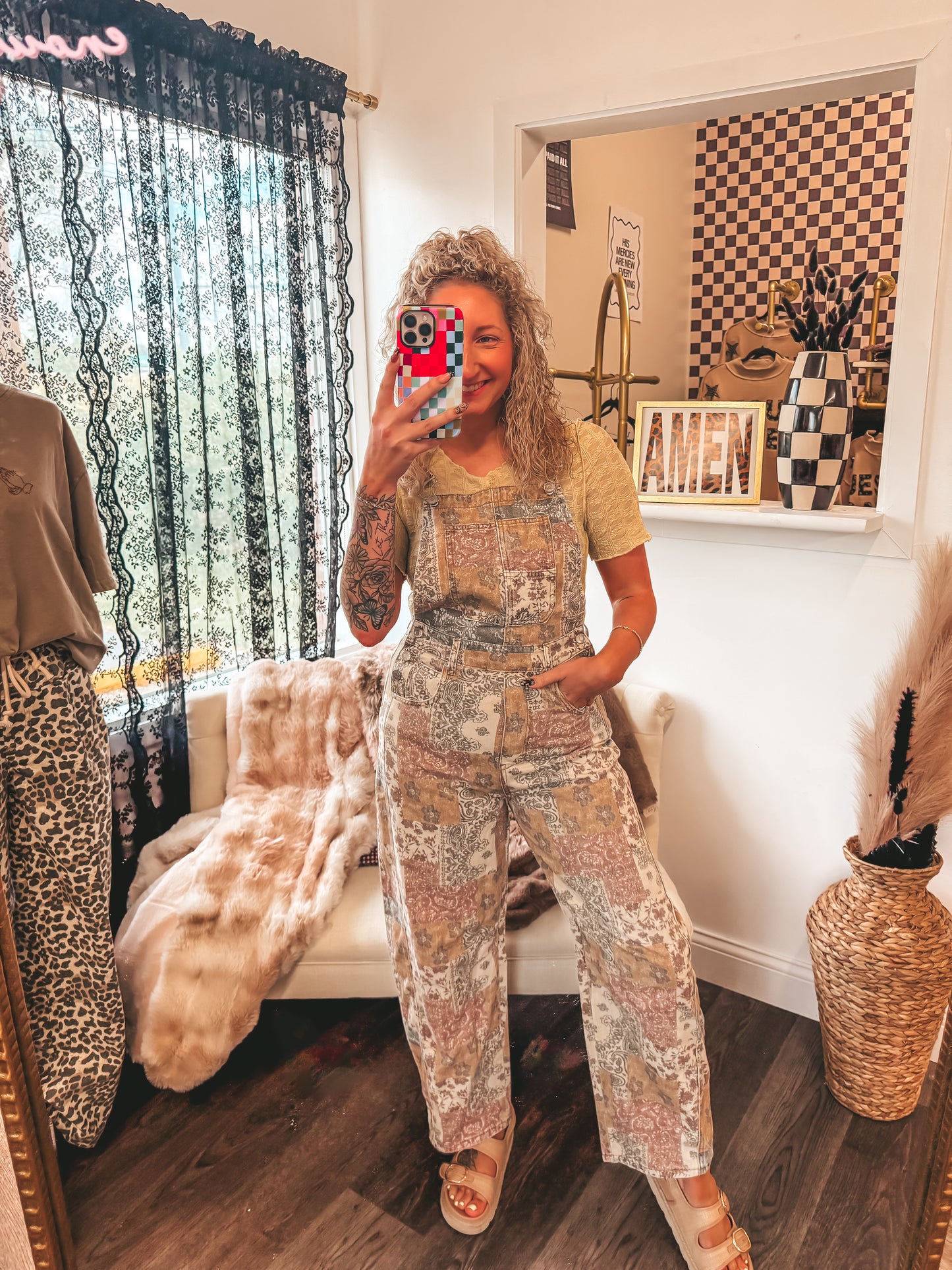 vintage boho print twill denim overalls