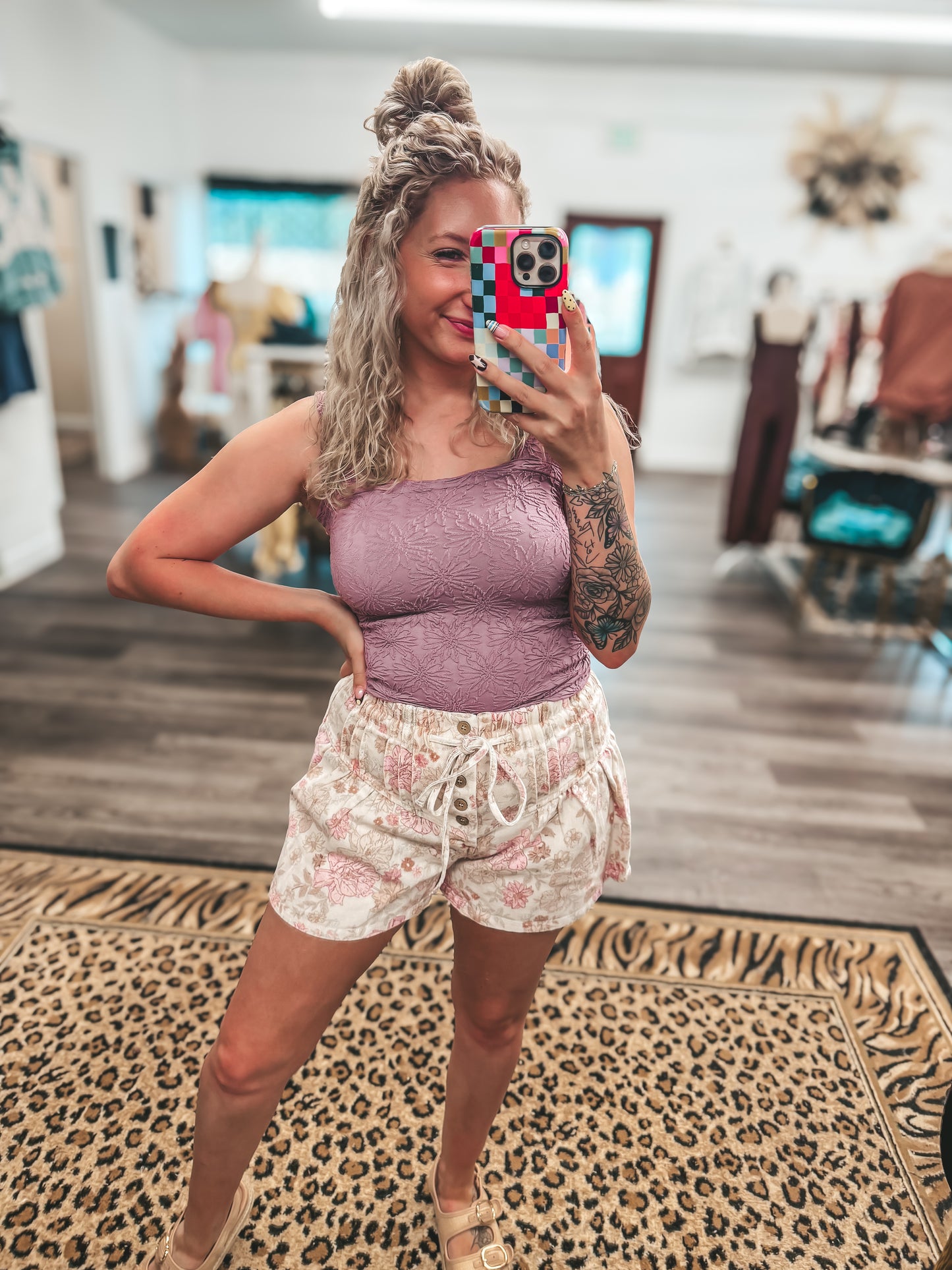 mauve floral denim button fly shorts