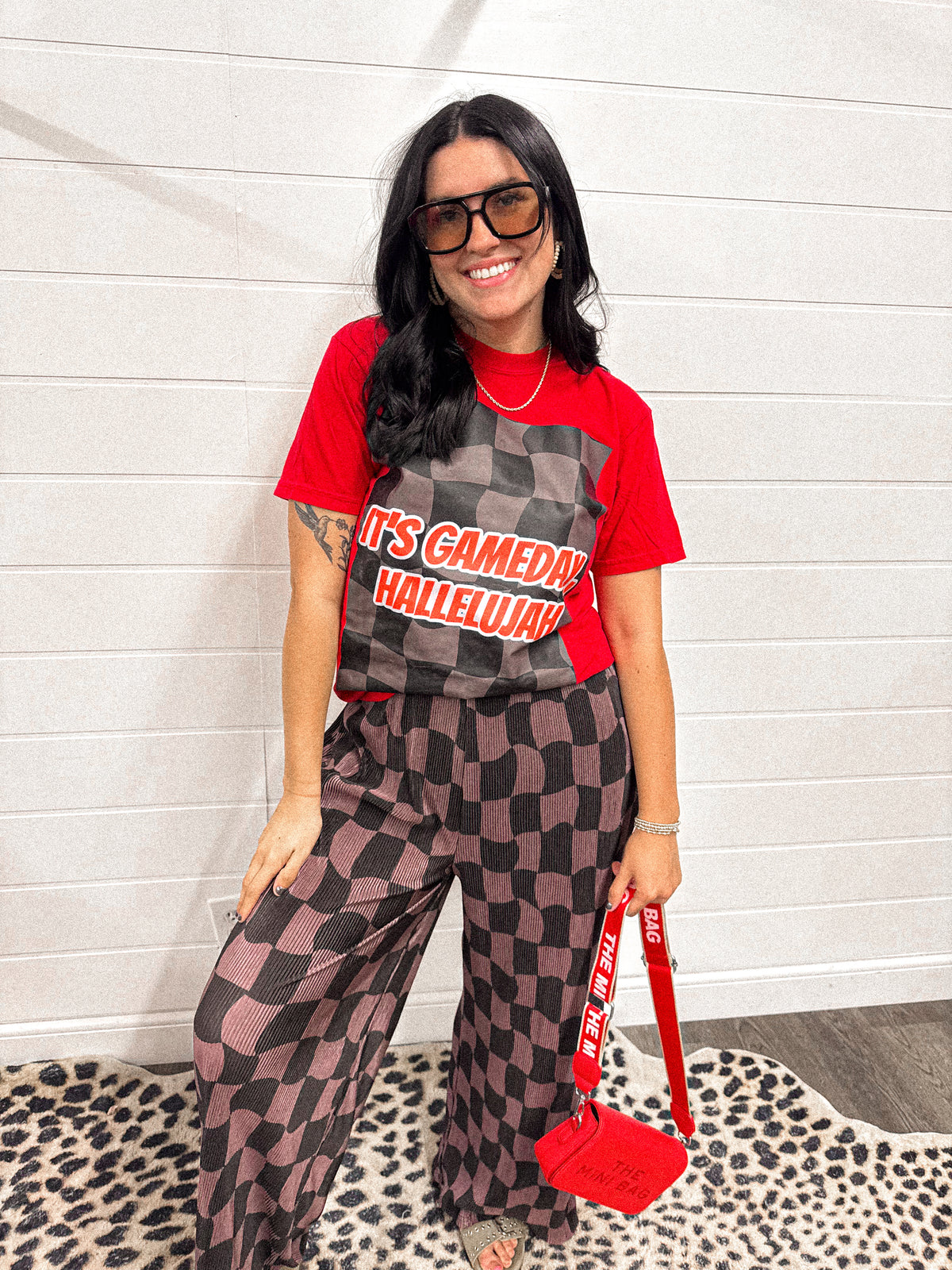 Branded gameday hallelujah checkered red tee