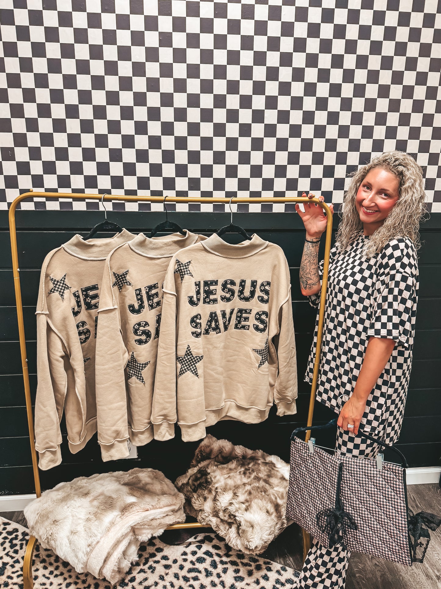 F&F Jesus saves embroidered appliqué mock neck