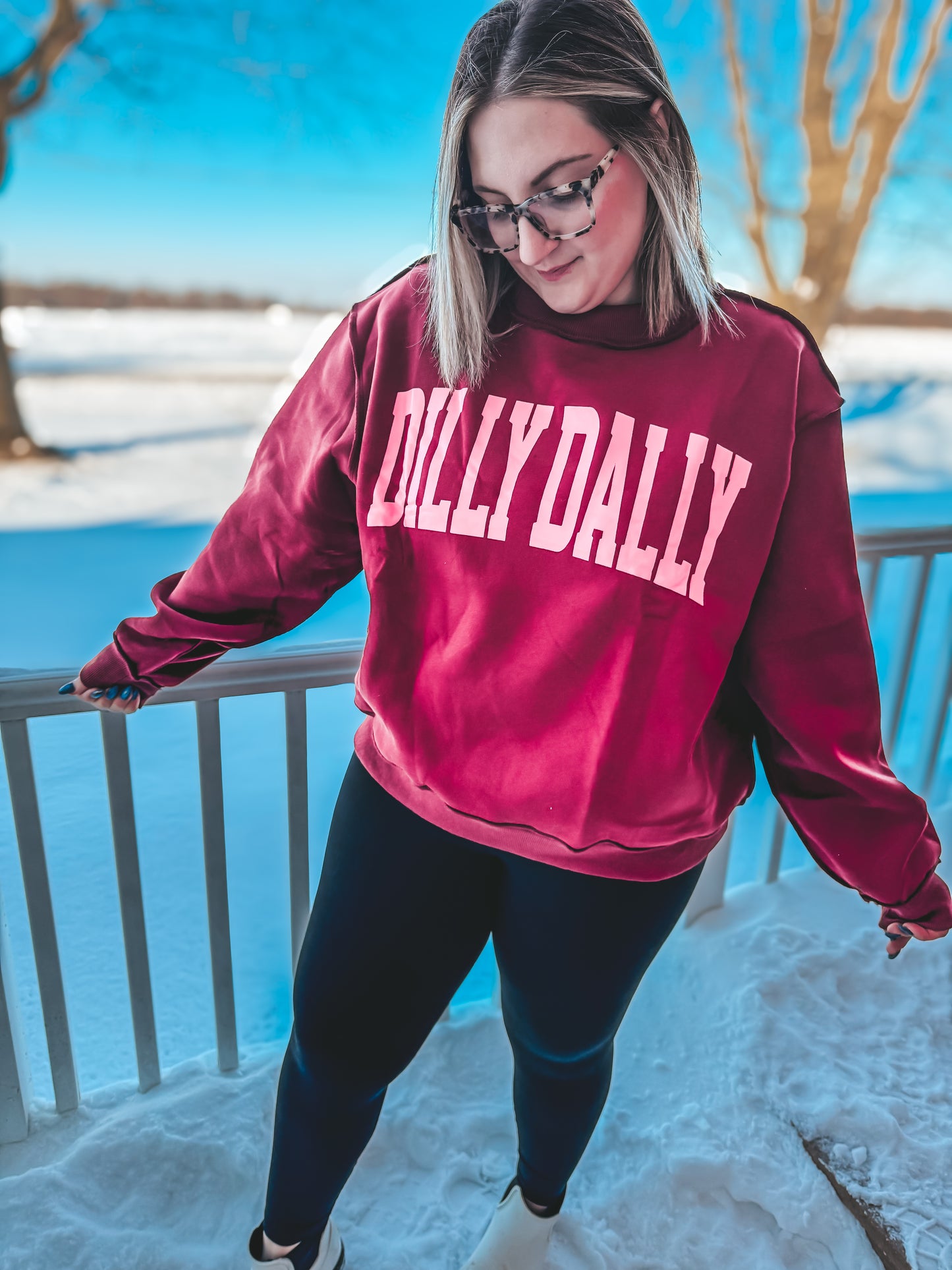 maroon and pink dilly dally mock neck