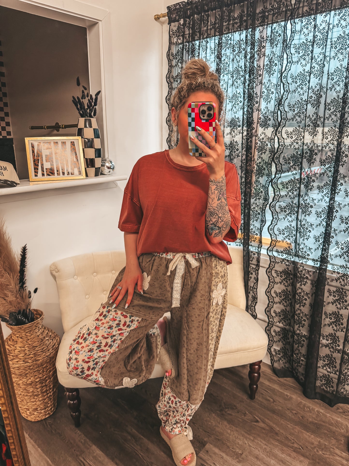POL mocha floral boho jogger pants with lace tie details RESTOCK