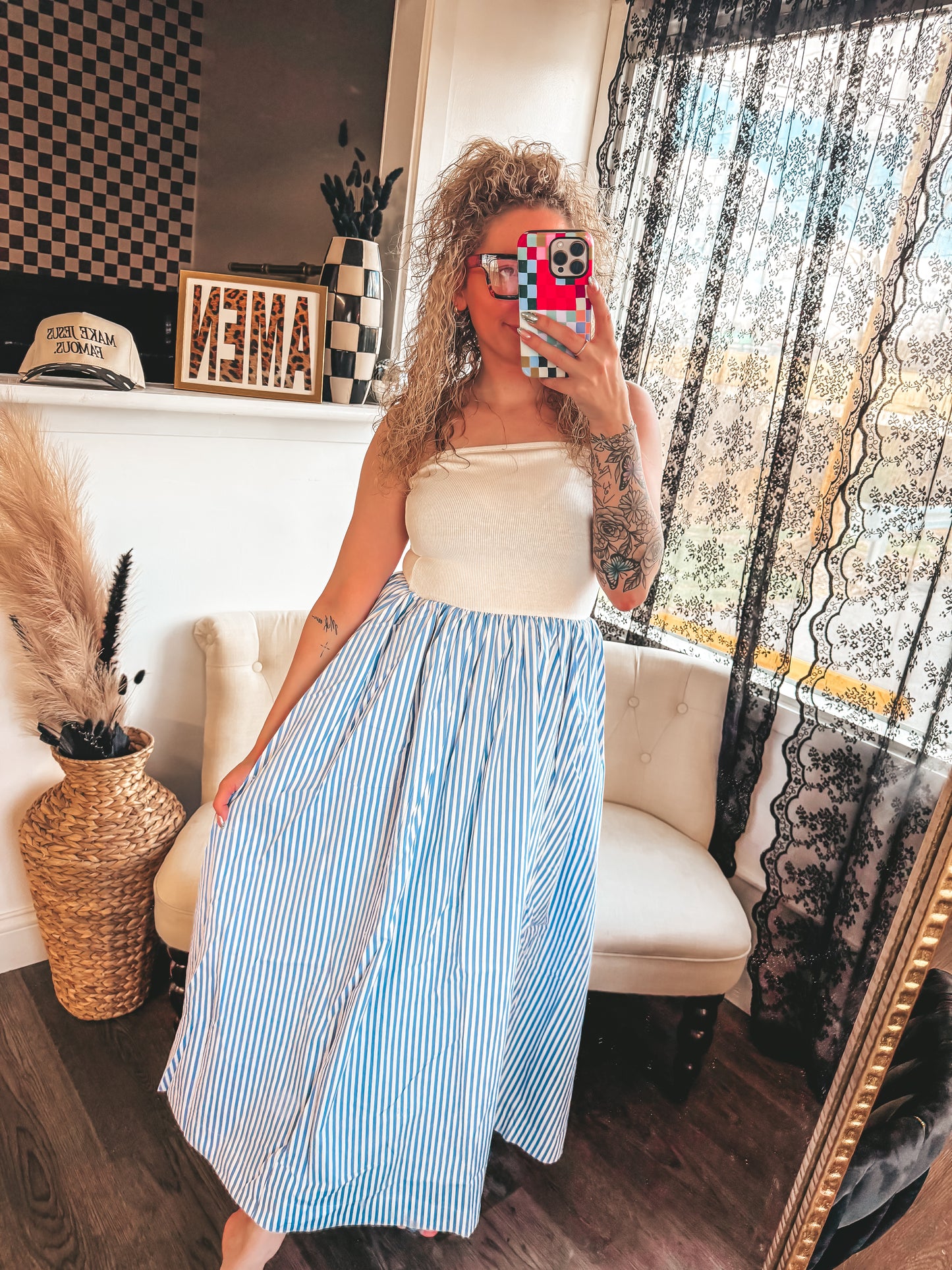 blue and white tube top dress