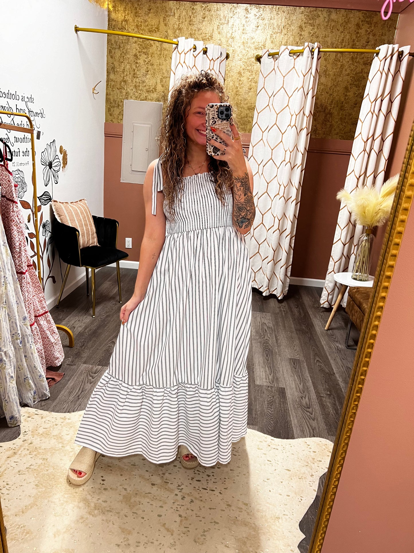 tie strap black striped dress