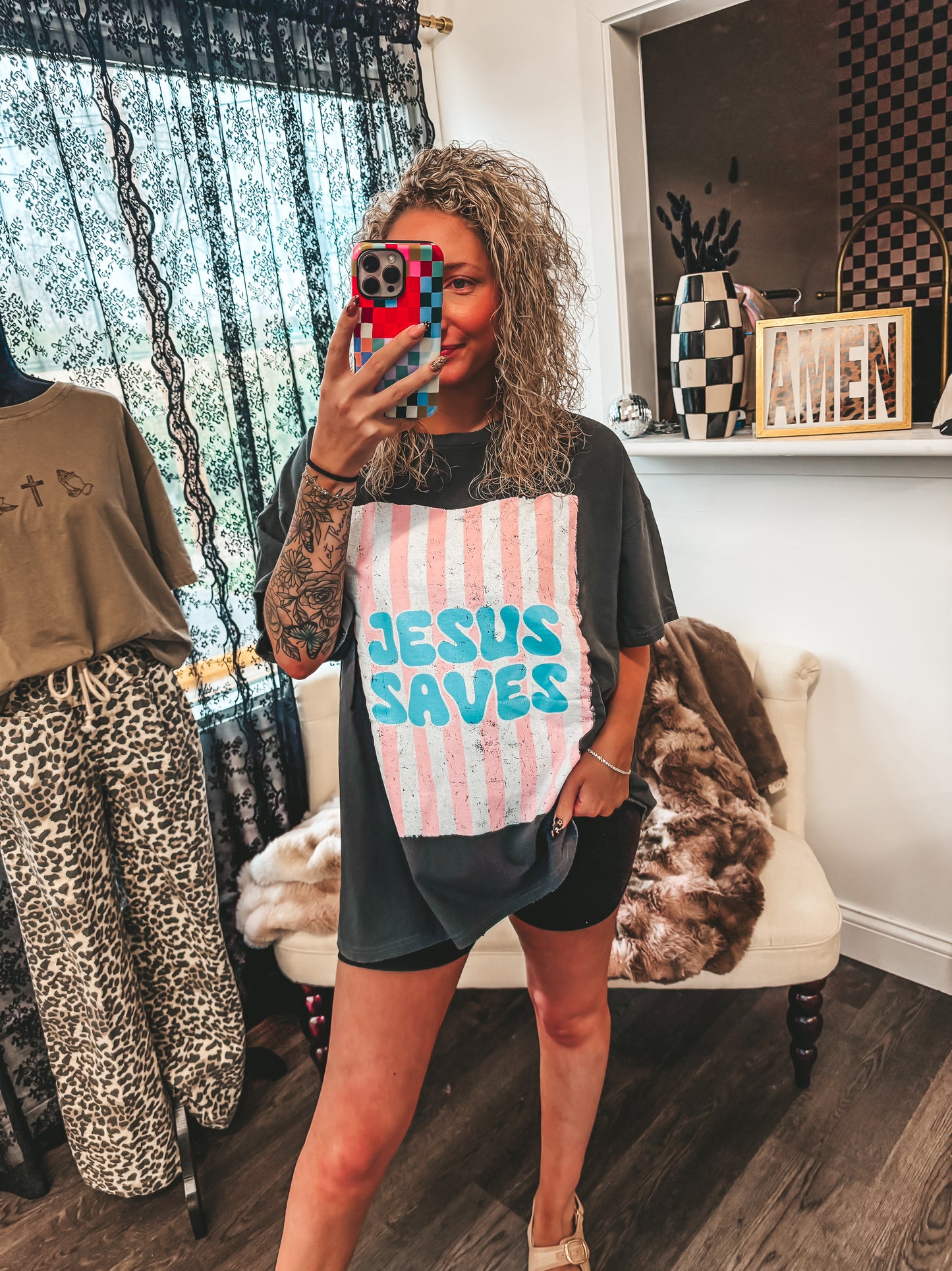 dark grey Jesus saves striped oversized graphic