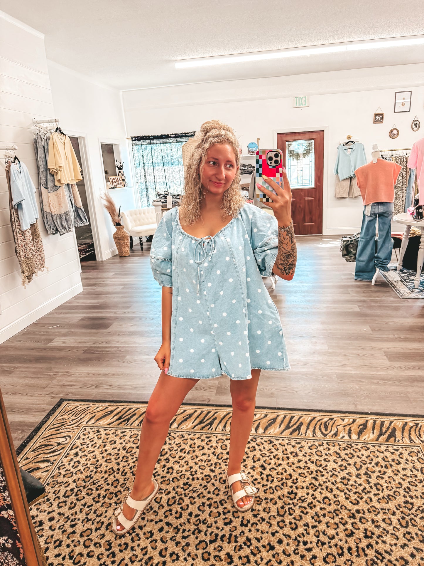 polka dot denim romper