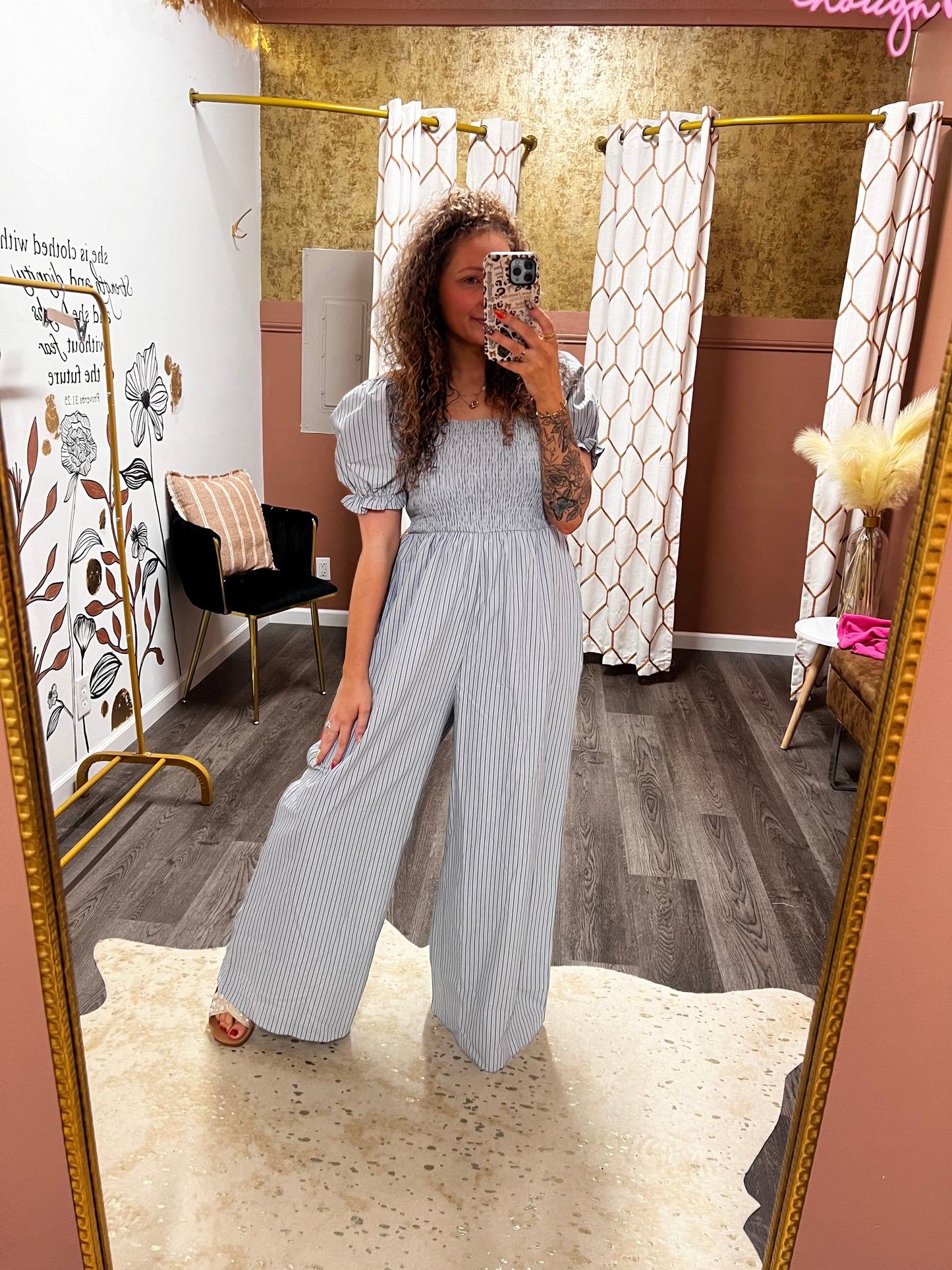 pinstriped grey blue puff sleeve jumpsuit