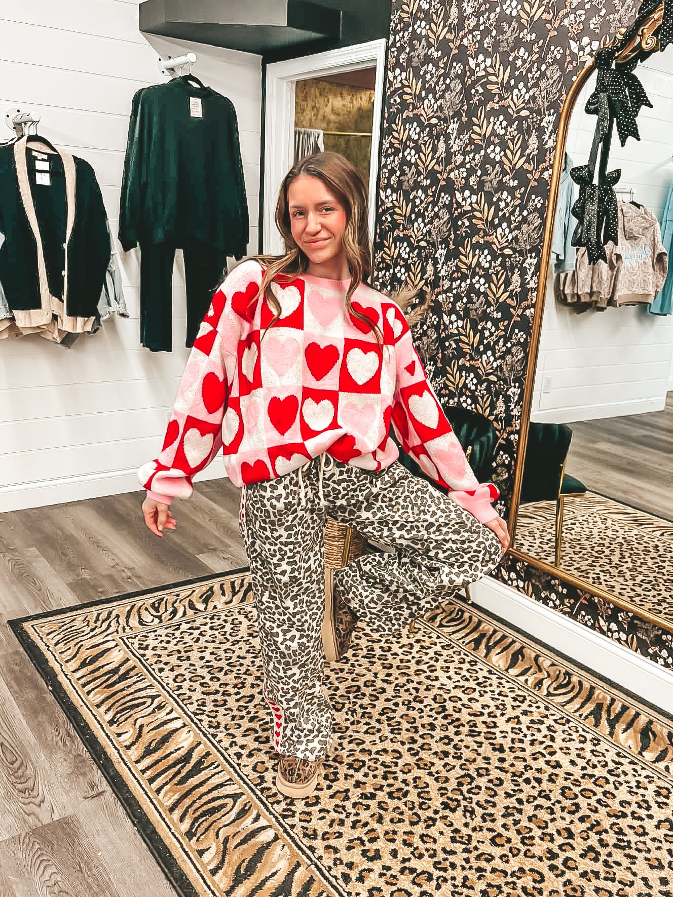 heart checkered oversized sweater