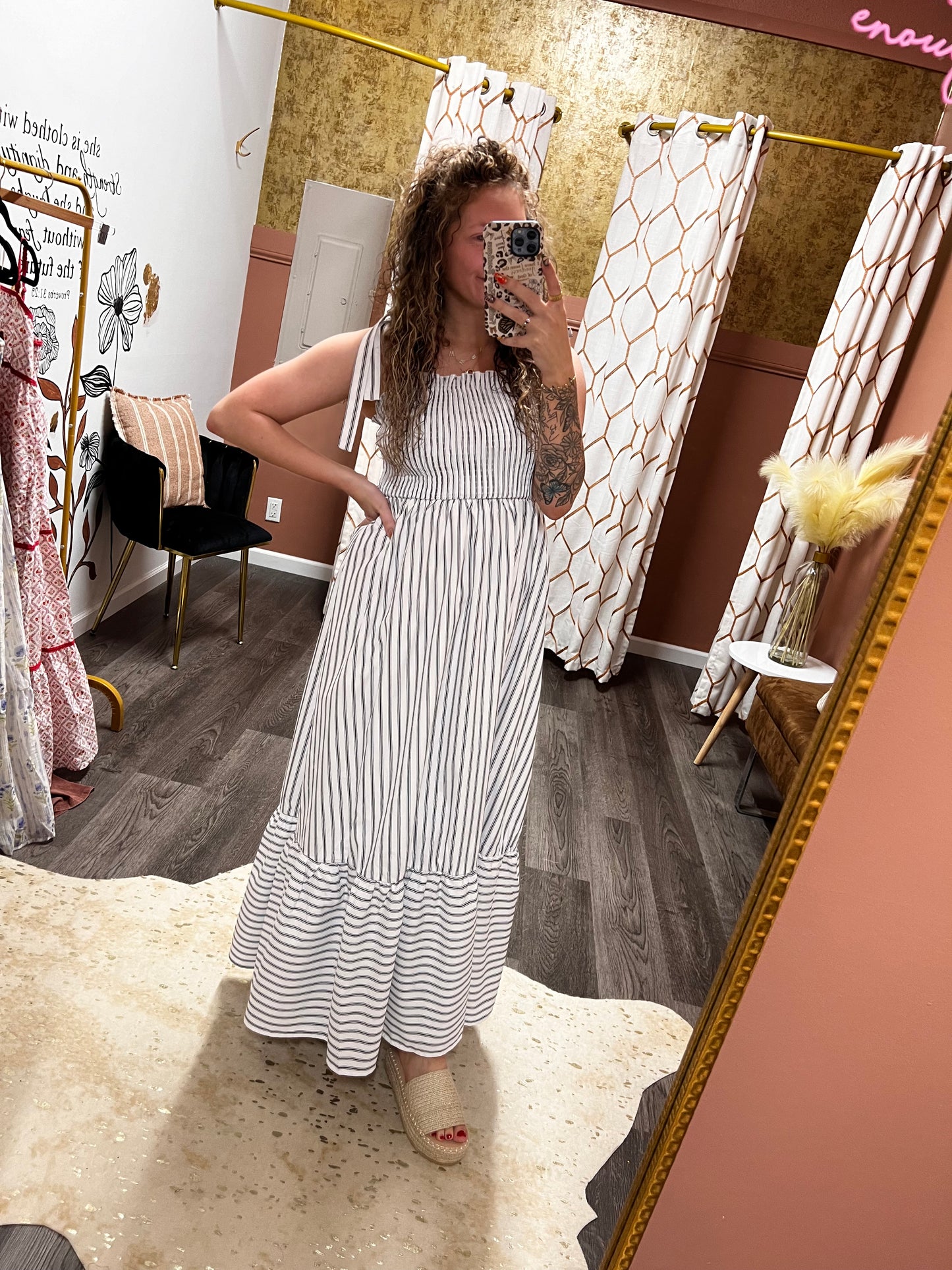 tie strap black striped dress
