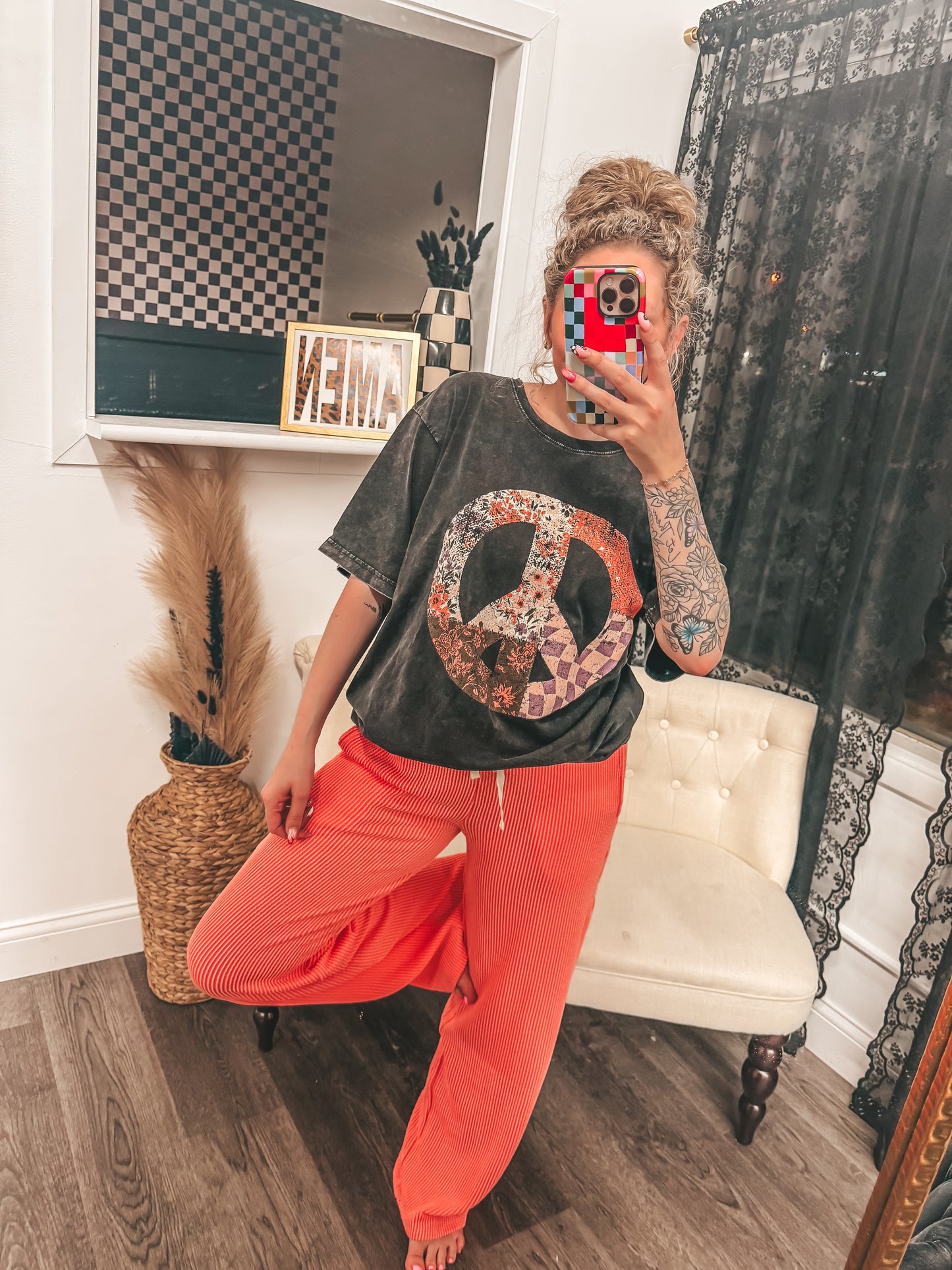 peace sign floral oversized tee small-3x