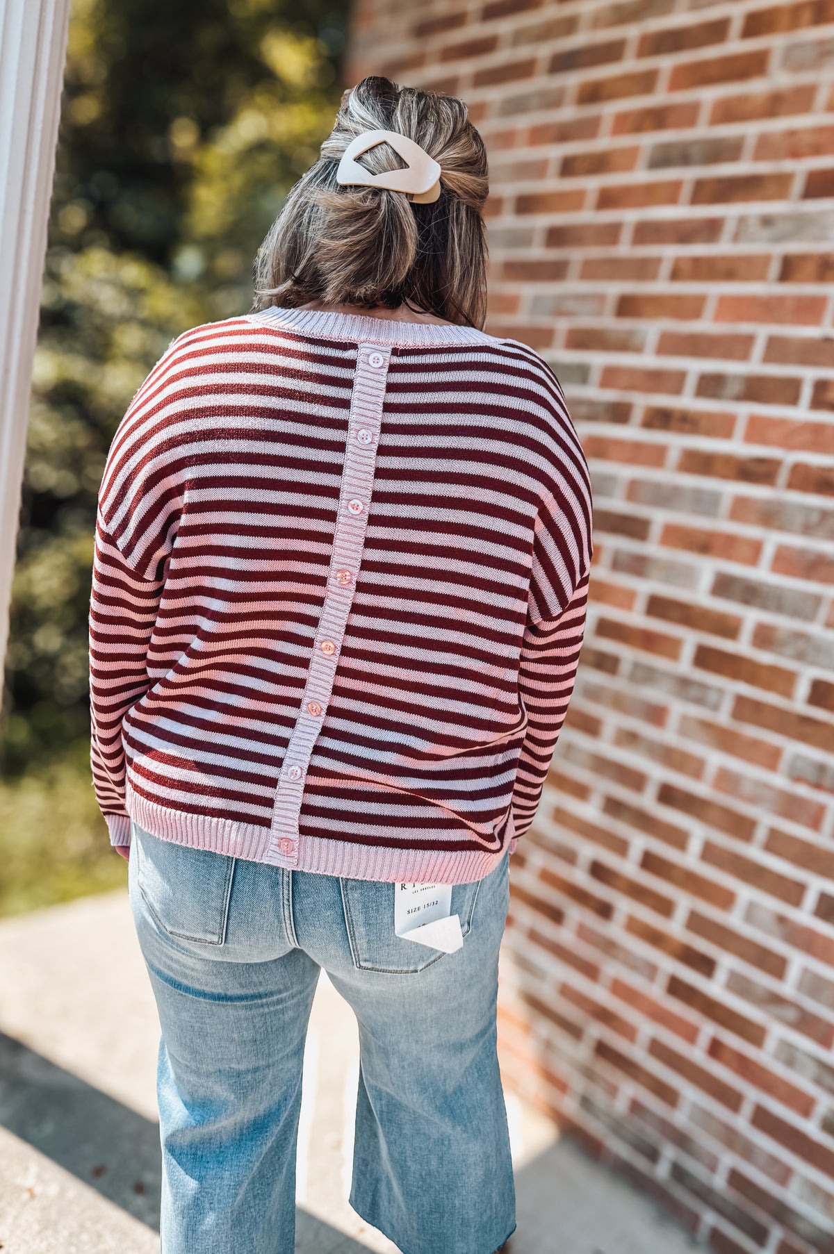 Striped pink & berry button back detailed sweater