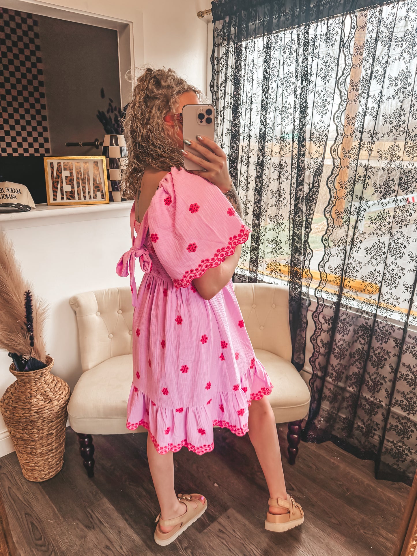 pink embroidered floral dress with tie back detailing