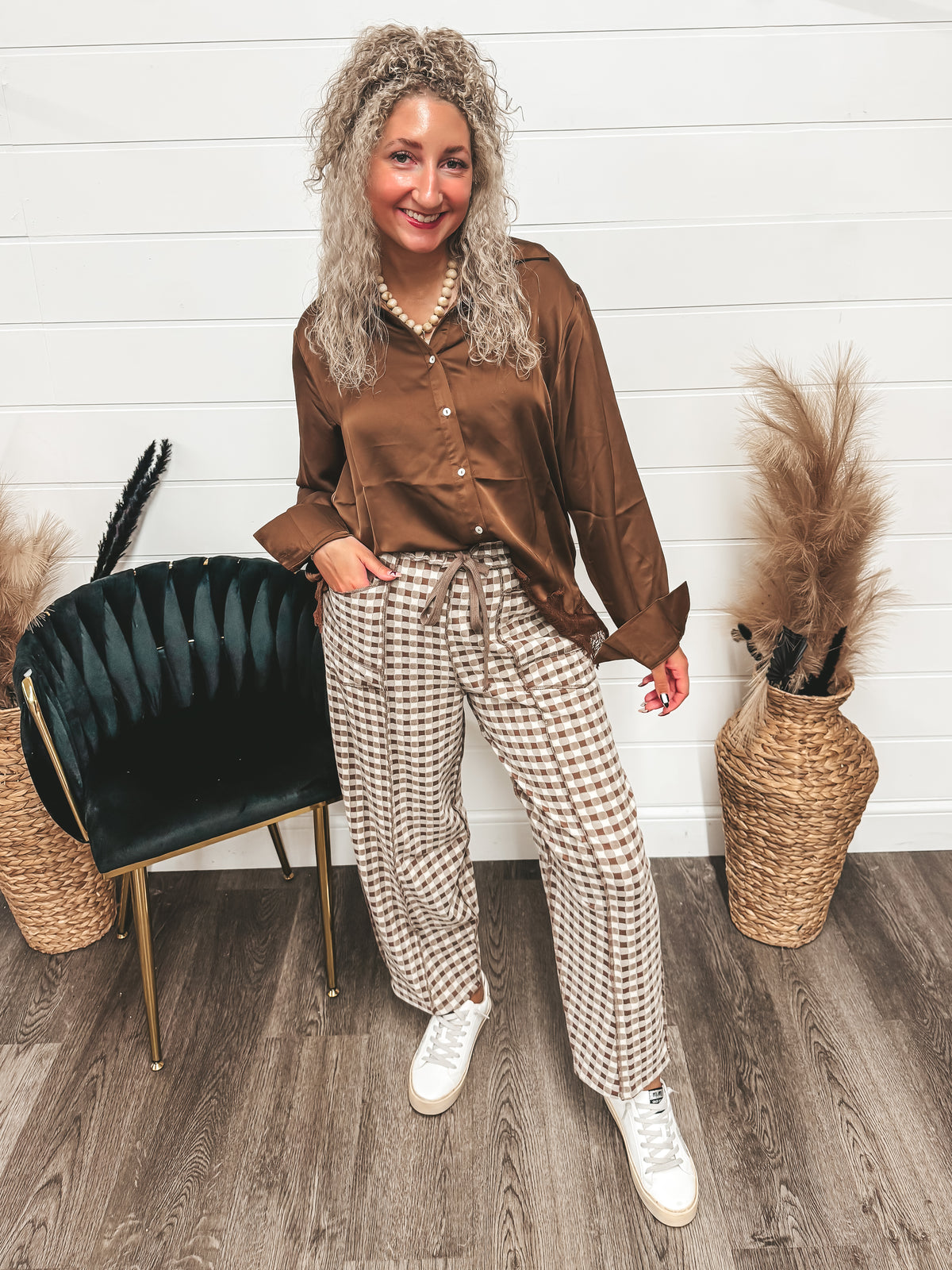 Brushed soft gingham barrel pants