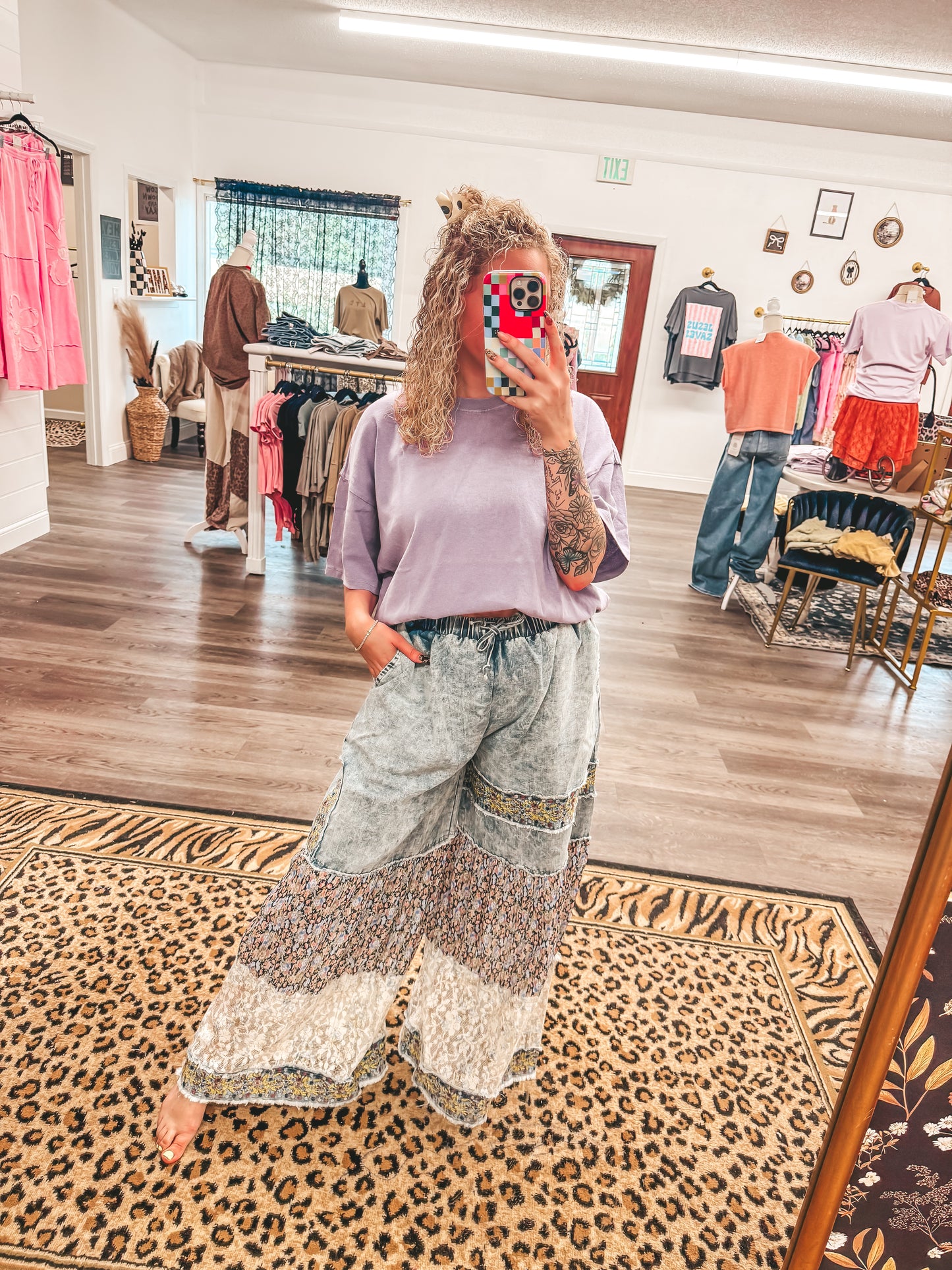 denim floral embroidered patch ruffle elastic band pants