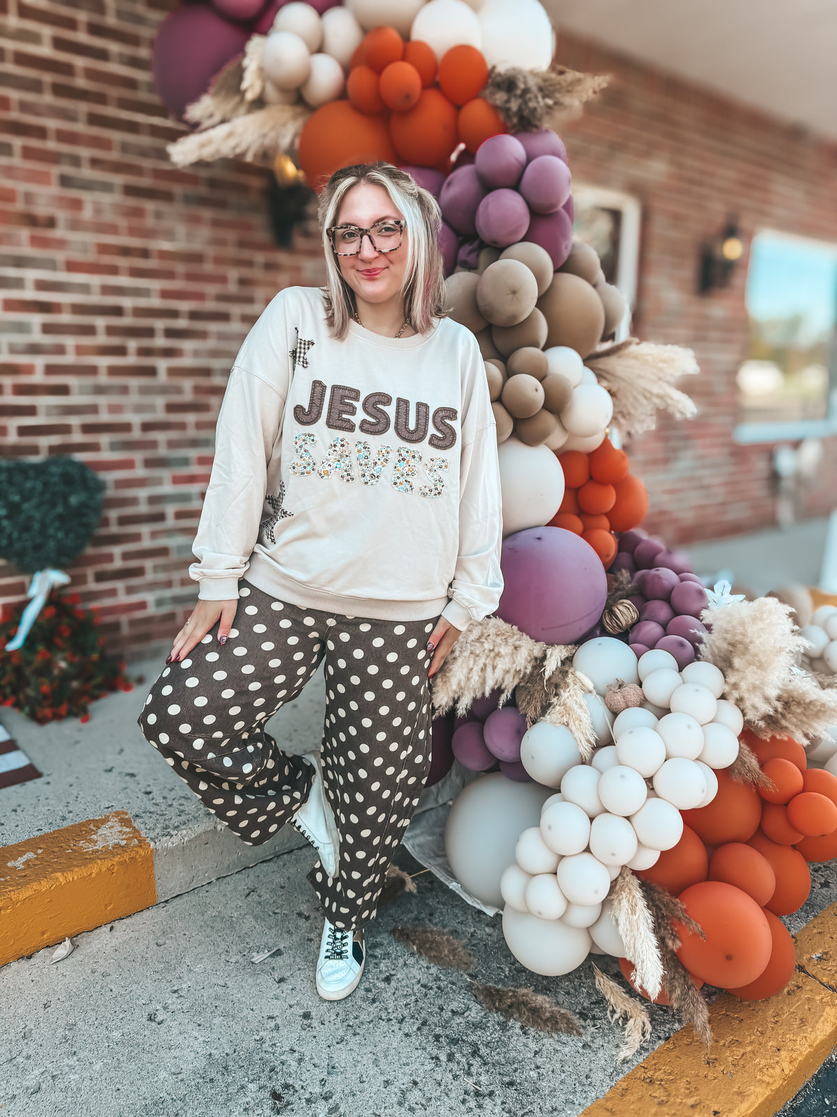 Tan & brown Jesus Saves patchwork oversized pullover