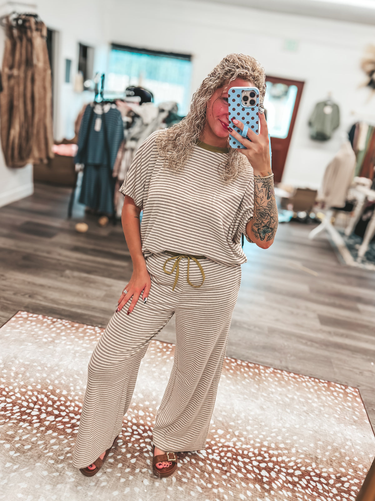 Soft brushed striped pants set in mocha olive