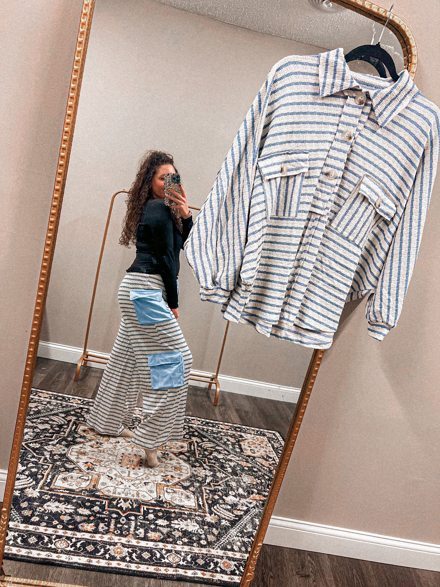 striped cargo pants in blue