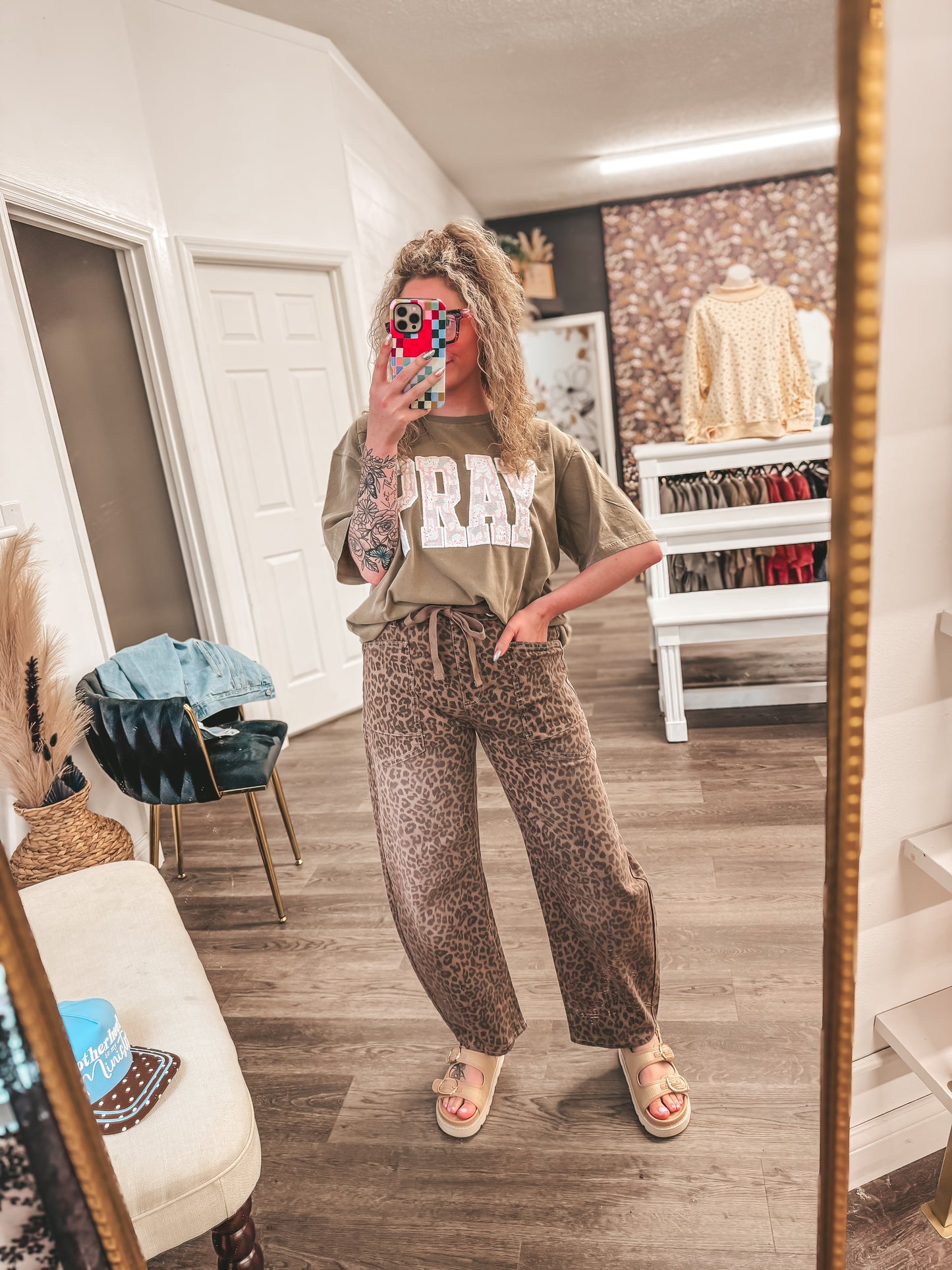 leopard barrel jean with drawstring waistband