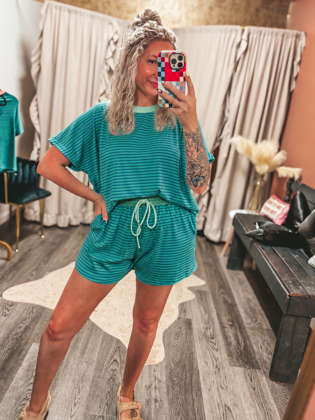 best selling striped set in emerald/mint