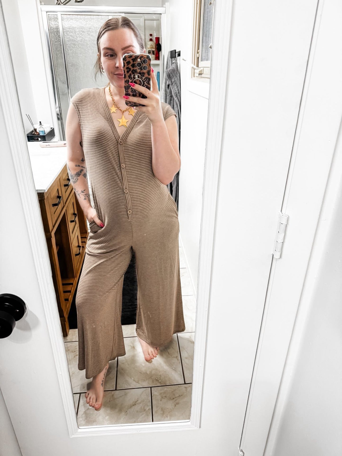 mocha striped jumpsuit
