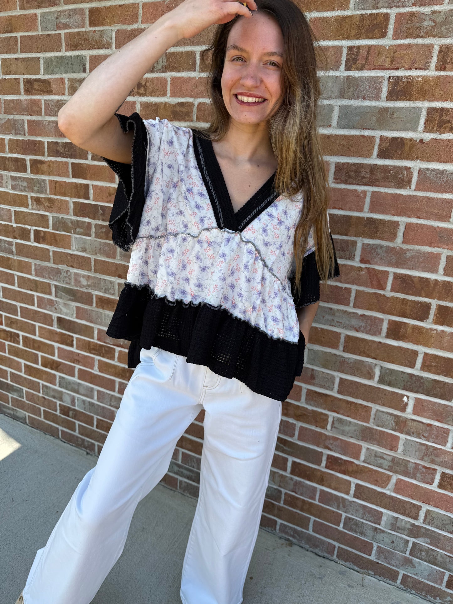 POL ruffle floral oversized tops