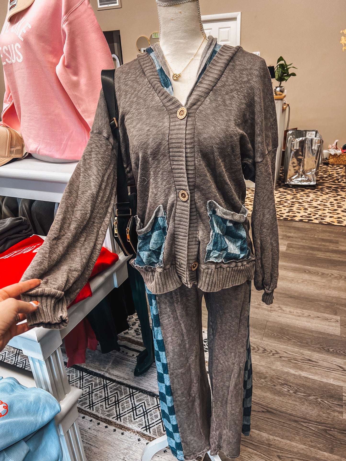 checkered charcoal button up hooded CARDI
