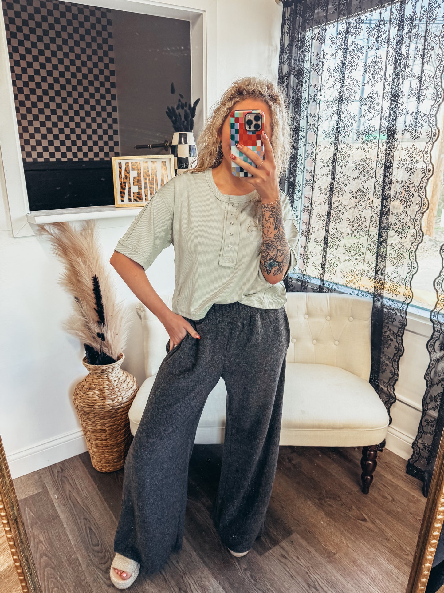 light sage button henley ribbed top