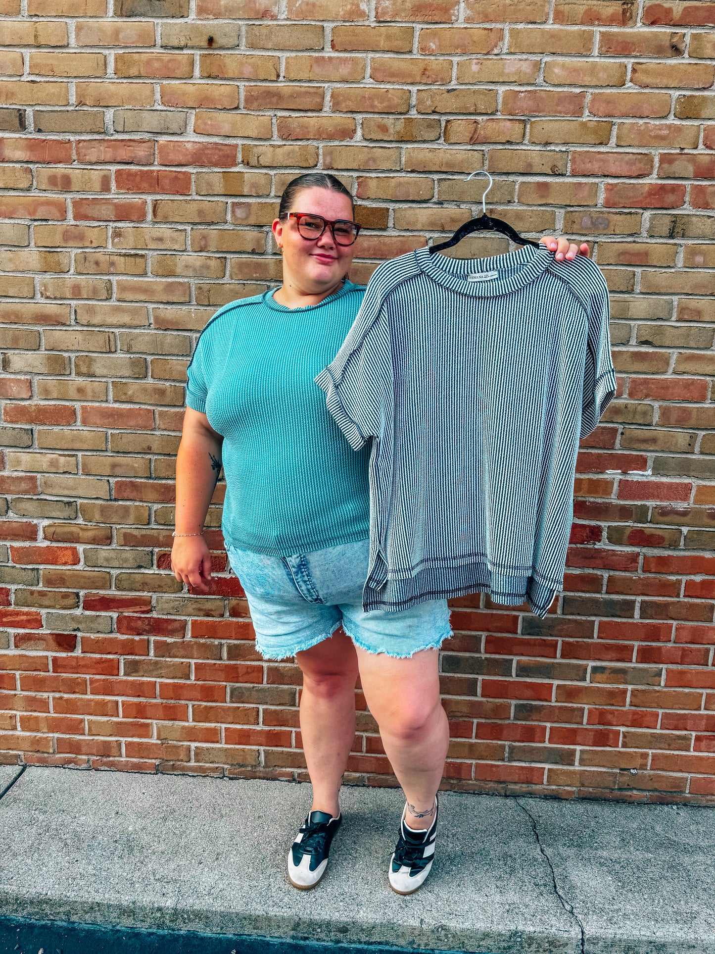 rib cuff sleeve raw edge top in regular and curvy