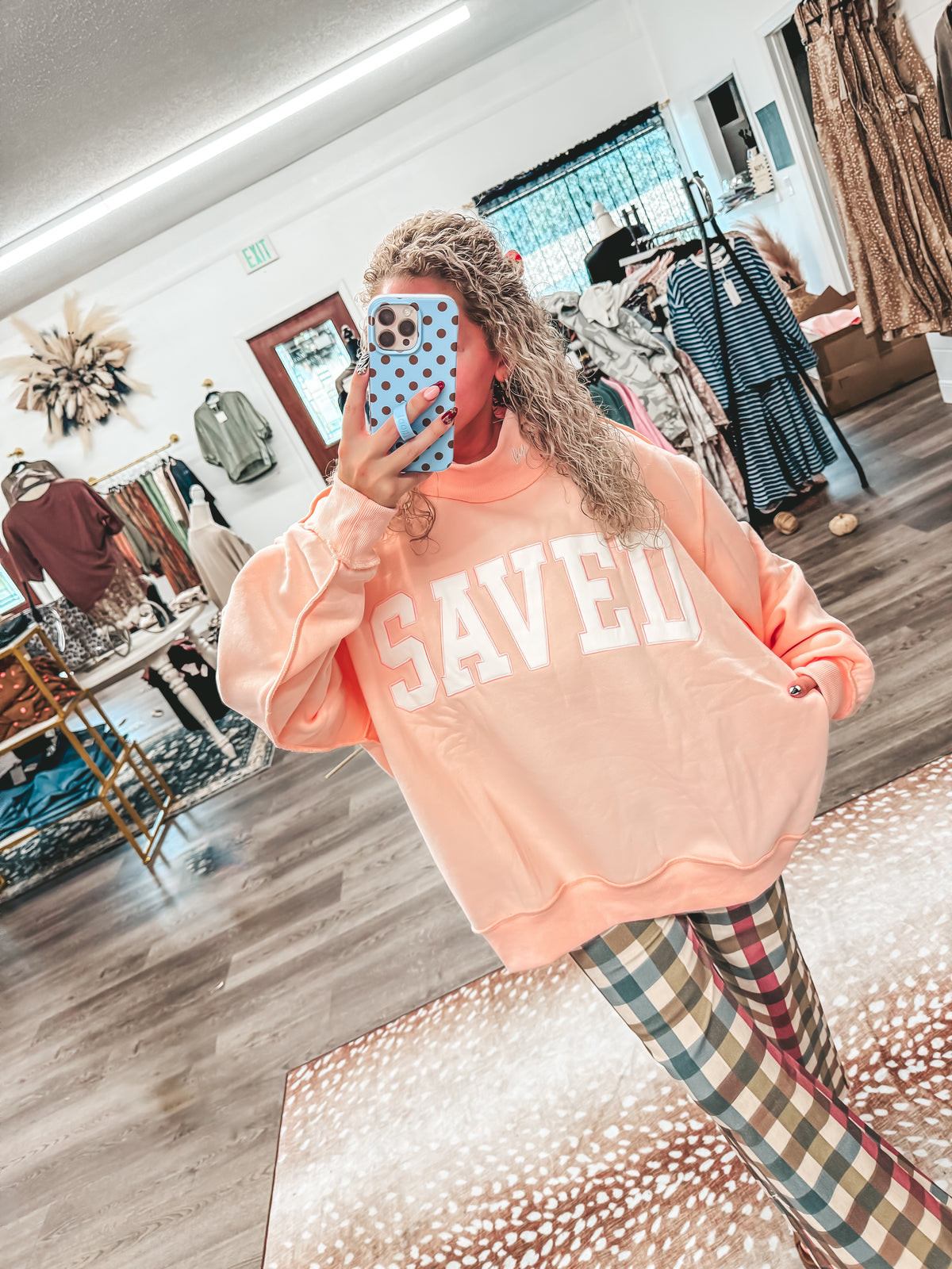 Pink saved by grace embroidered mock neck
