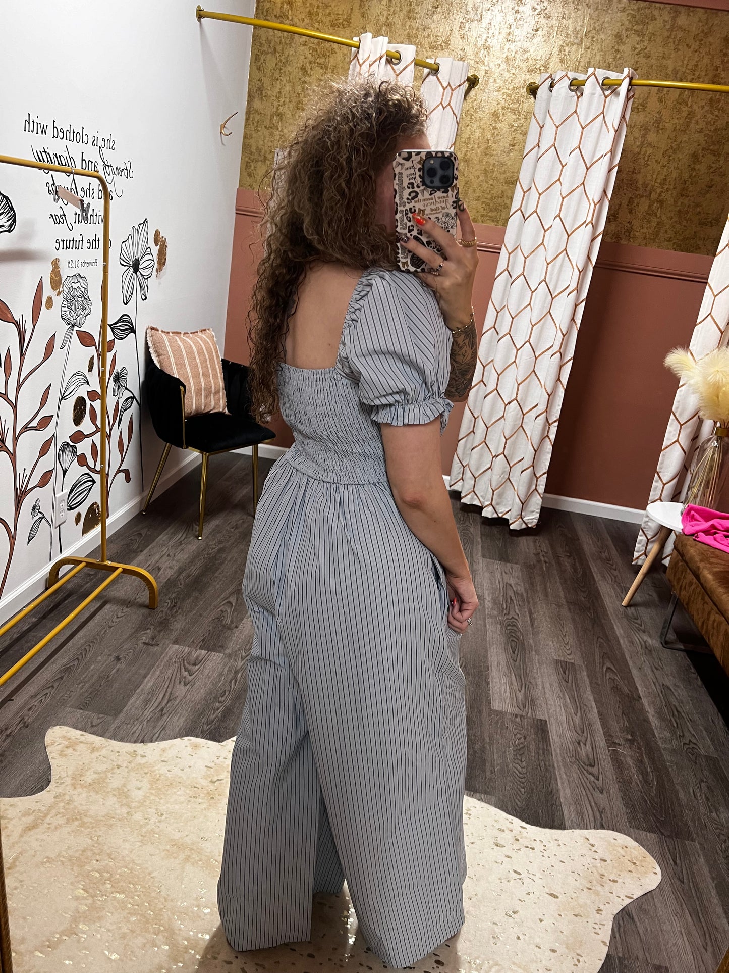 pinstriped grey blue puff sleeve jumpsuit