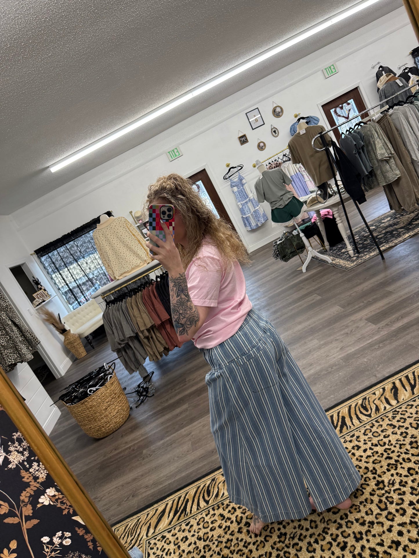 stripe denim washed pleated wide leg pants