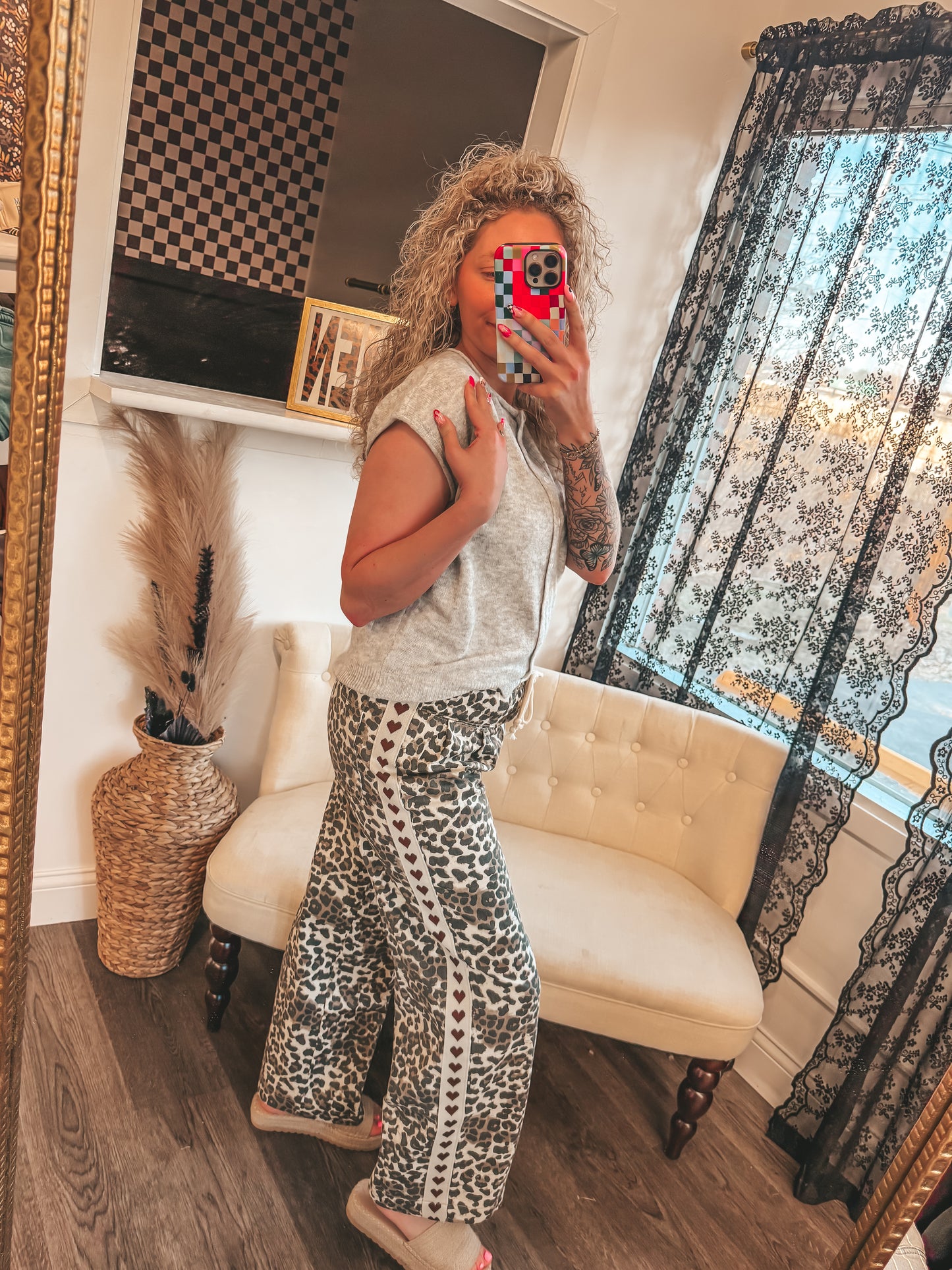 leopard pants with heart detailed trim