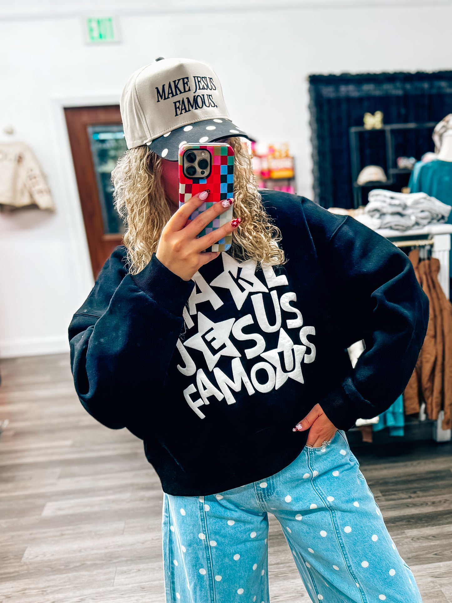 make jesus famous polka dot trucker hat