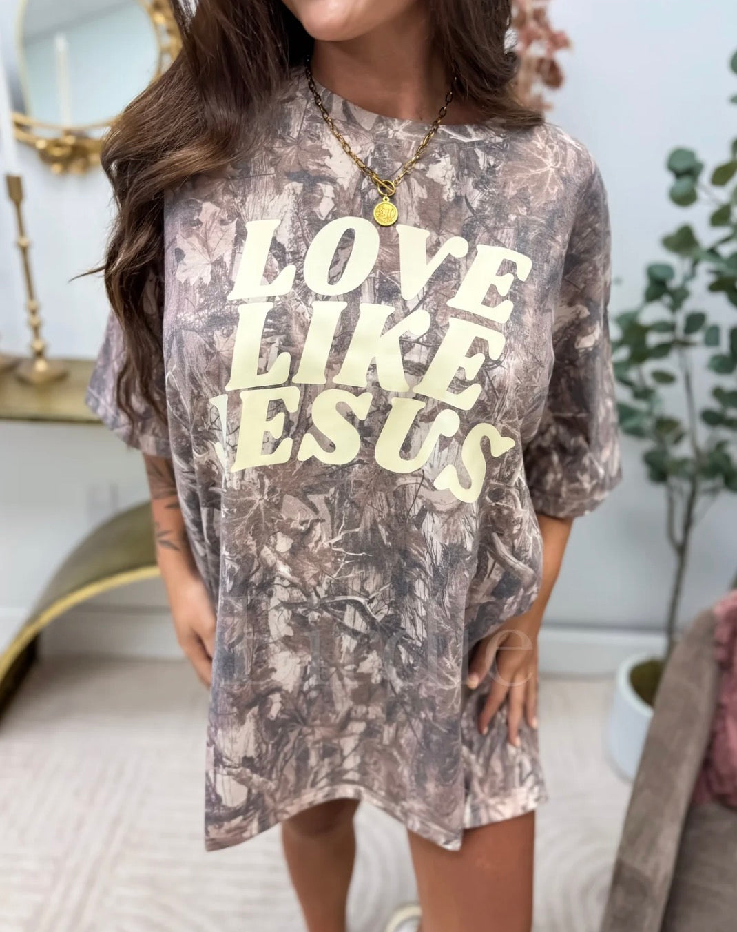 BIRDIE Love Like Jesus Graphic on Dark Camo Tee