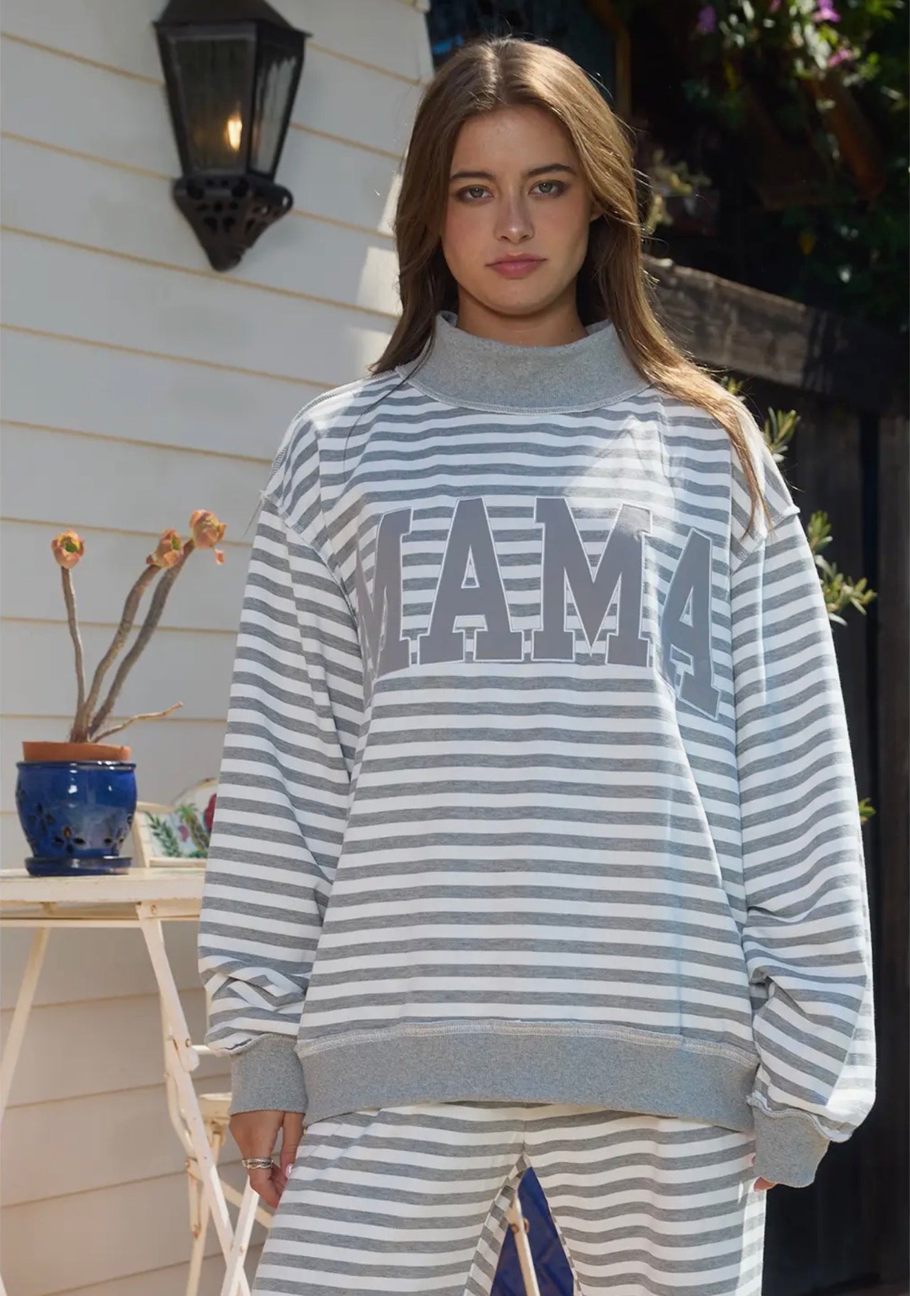 bucketlist mama embroidery striped mockneck